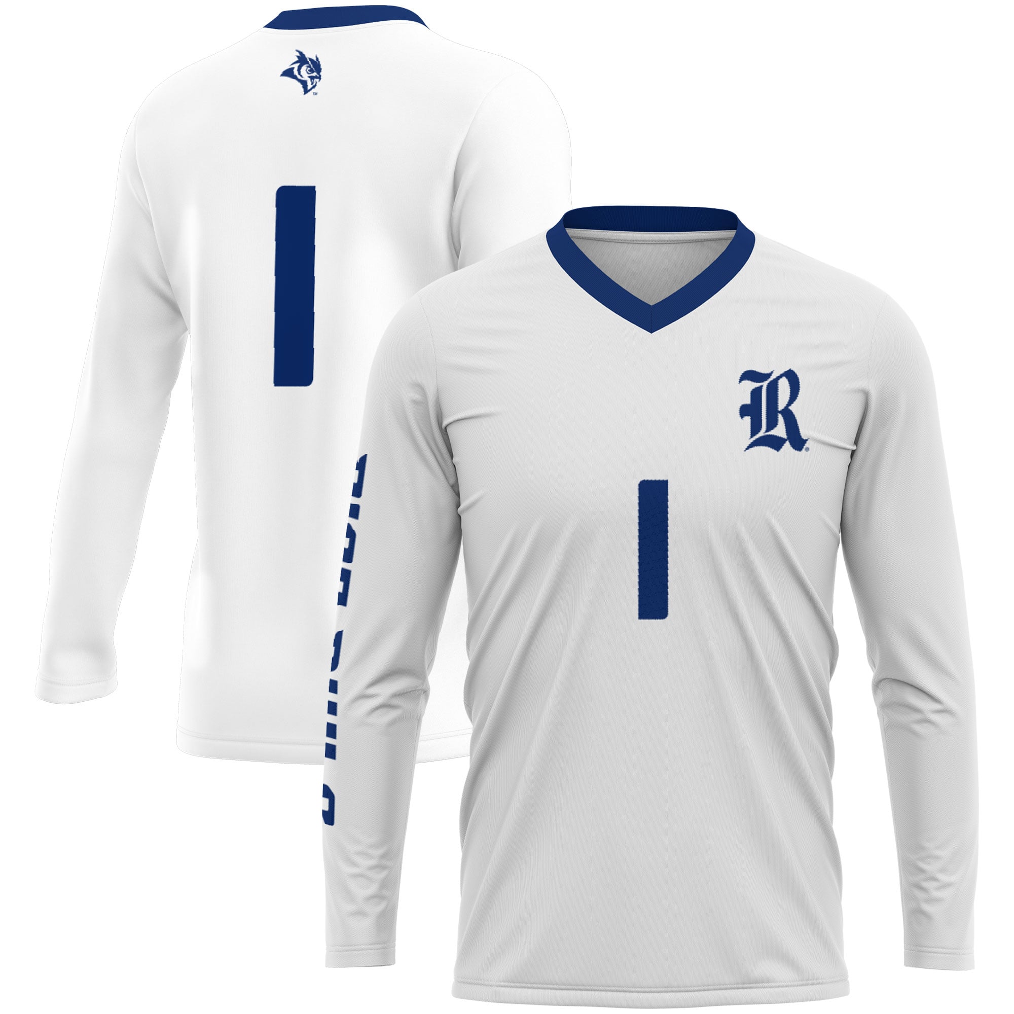#1 Rice Owls Unisex Lightweight Volleyball Jersey White - front and back view