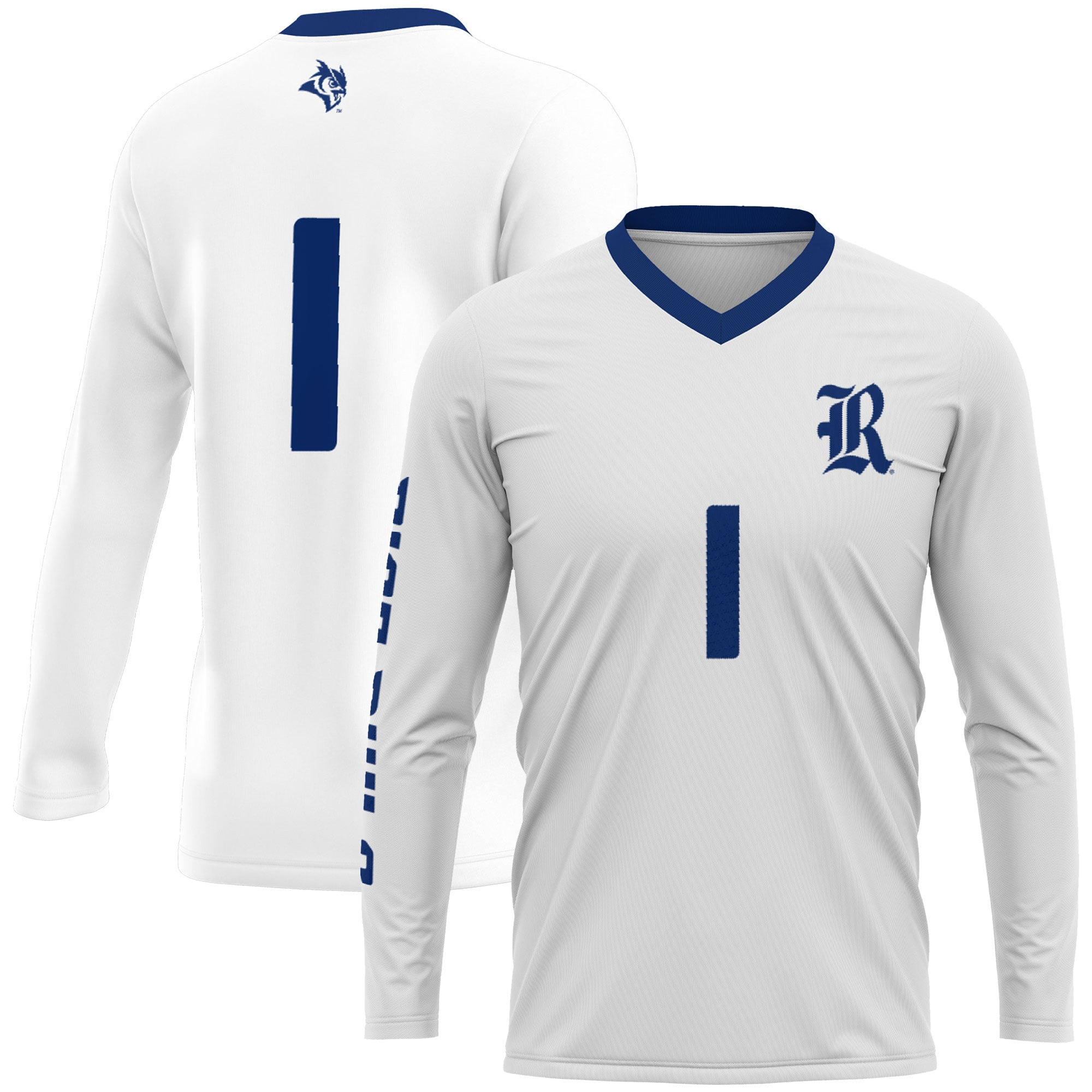 #1 Rice Owls Youth Lightweight Volleyball Jersey White - front and back view