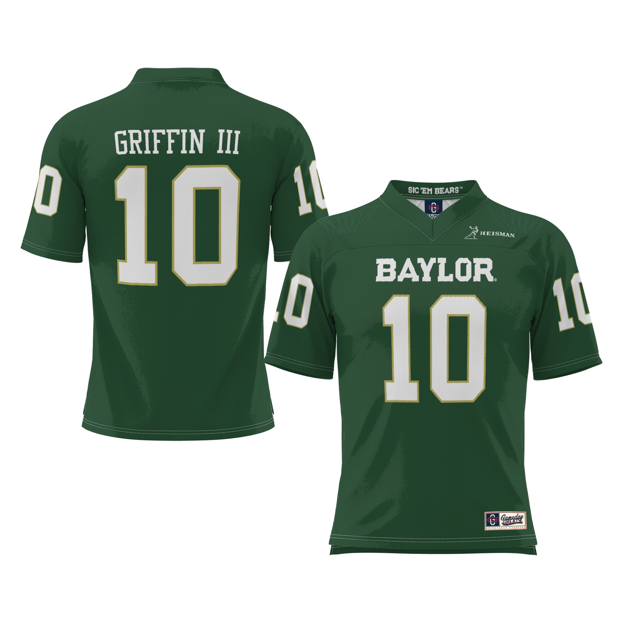 Robert Griffin III Baylor Bears Heisman Football Jersey Green - front and back view