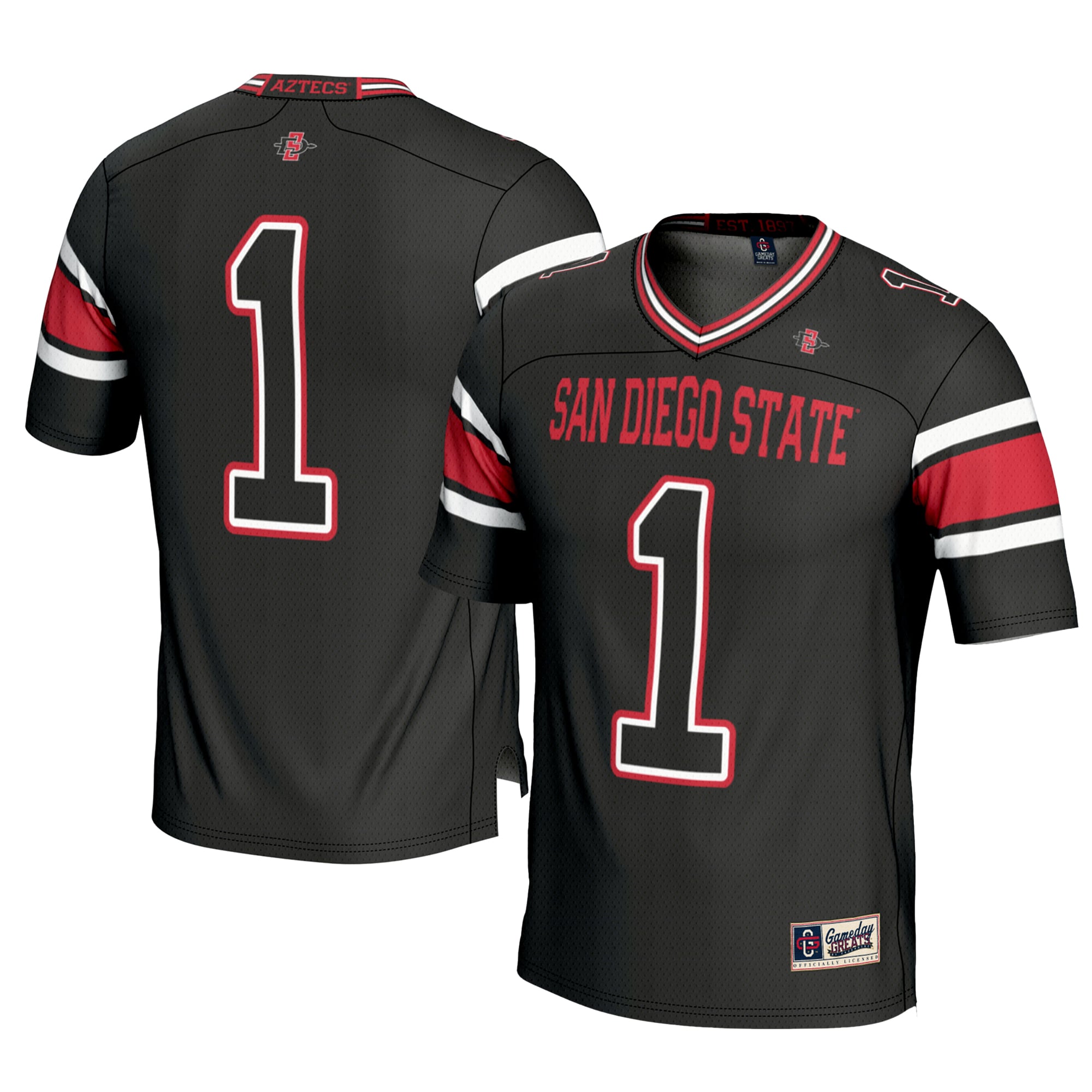 #1 San Diego State Aztecs Youth Football Jersey Black - front and back view