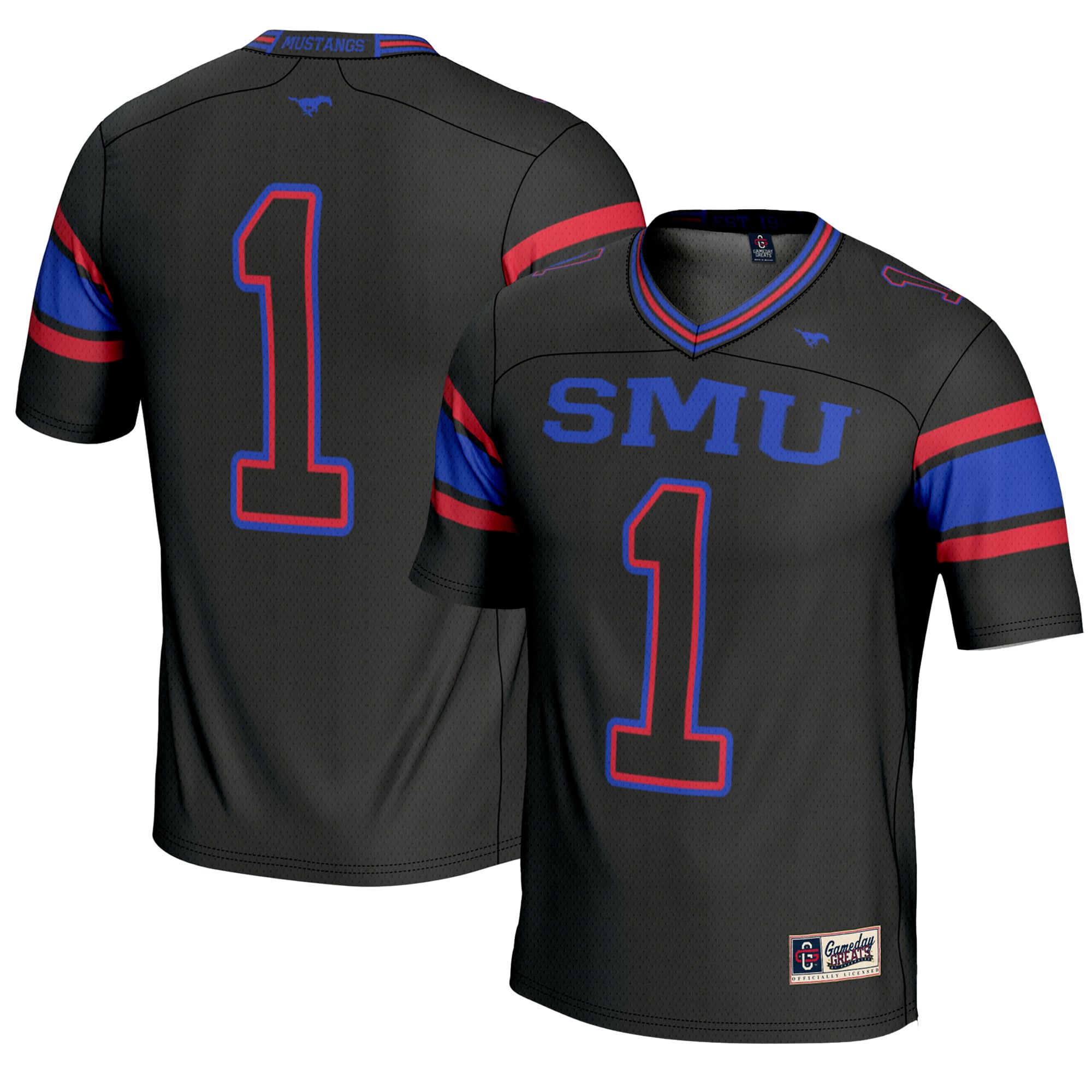 #1 SMU Mustangs Endzone Football Jersey Black - front and back view