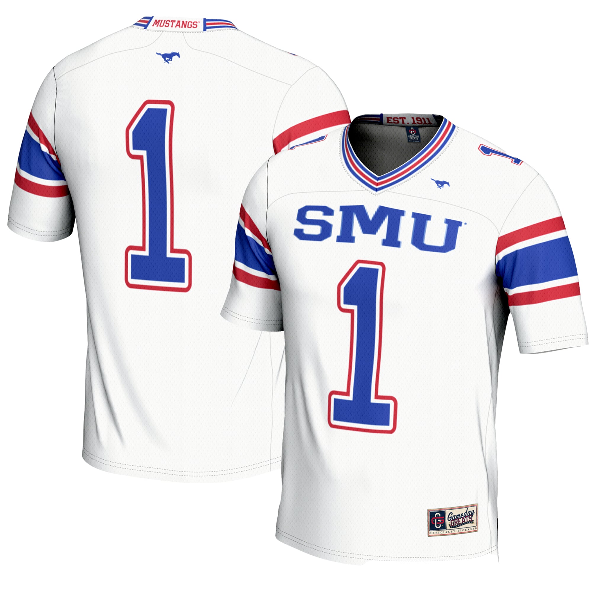 #1 SMU Mustangs Endzone Football Jersey White - front and back view