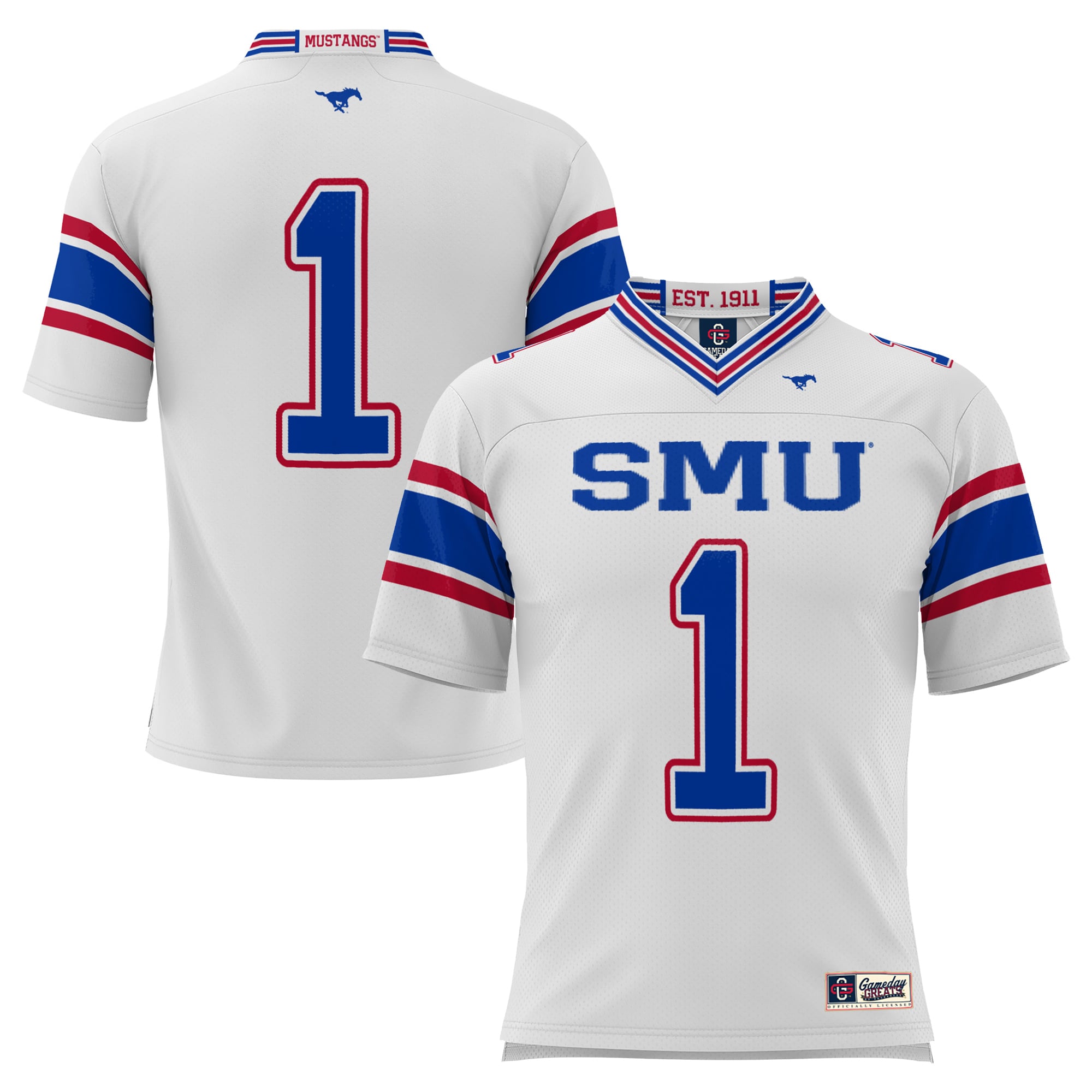 #1 SMU Mustangs Endzone Football Jersey White - front view