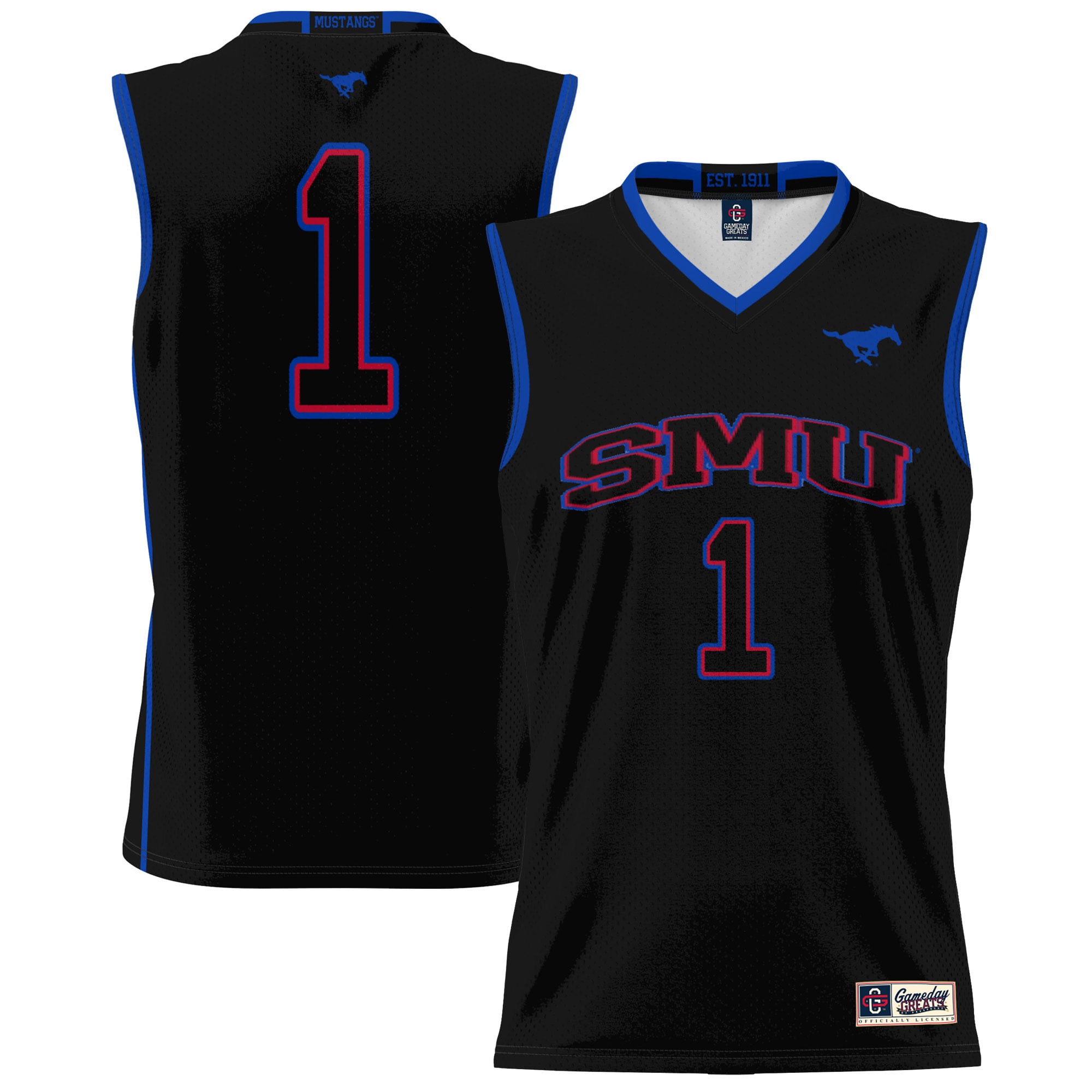 #1 SMU Mustangs Unisex Lightweight Basketball Jersey Black - front and back view
