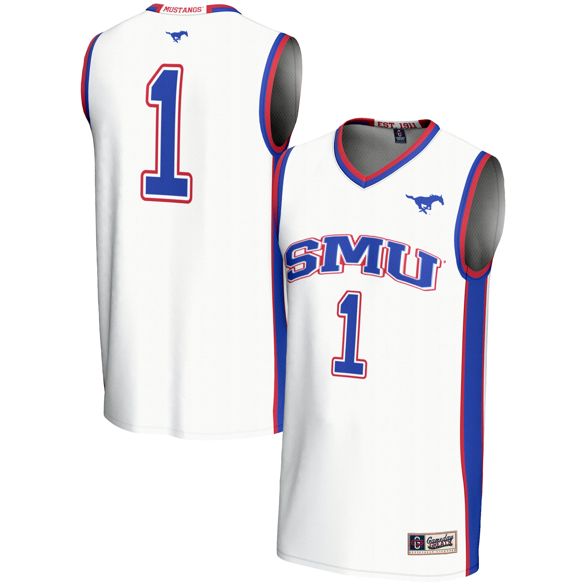 #1 SMU Mustangs Unisex Lightweight Basketball Jersey White - front and back view
