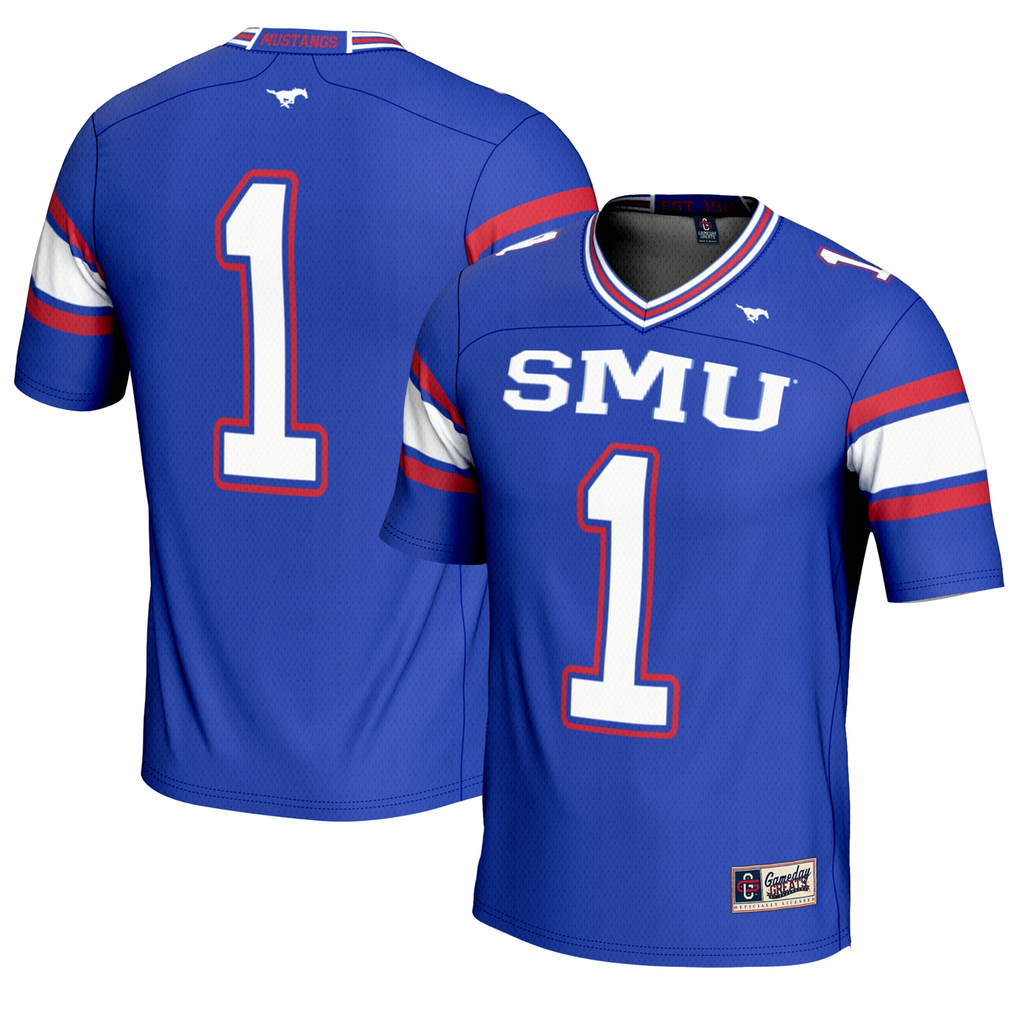 #1 SMU Mustangs Youth Endzone Football Jersey Blue - front and back view