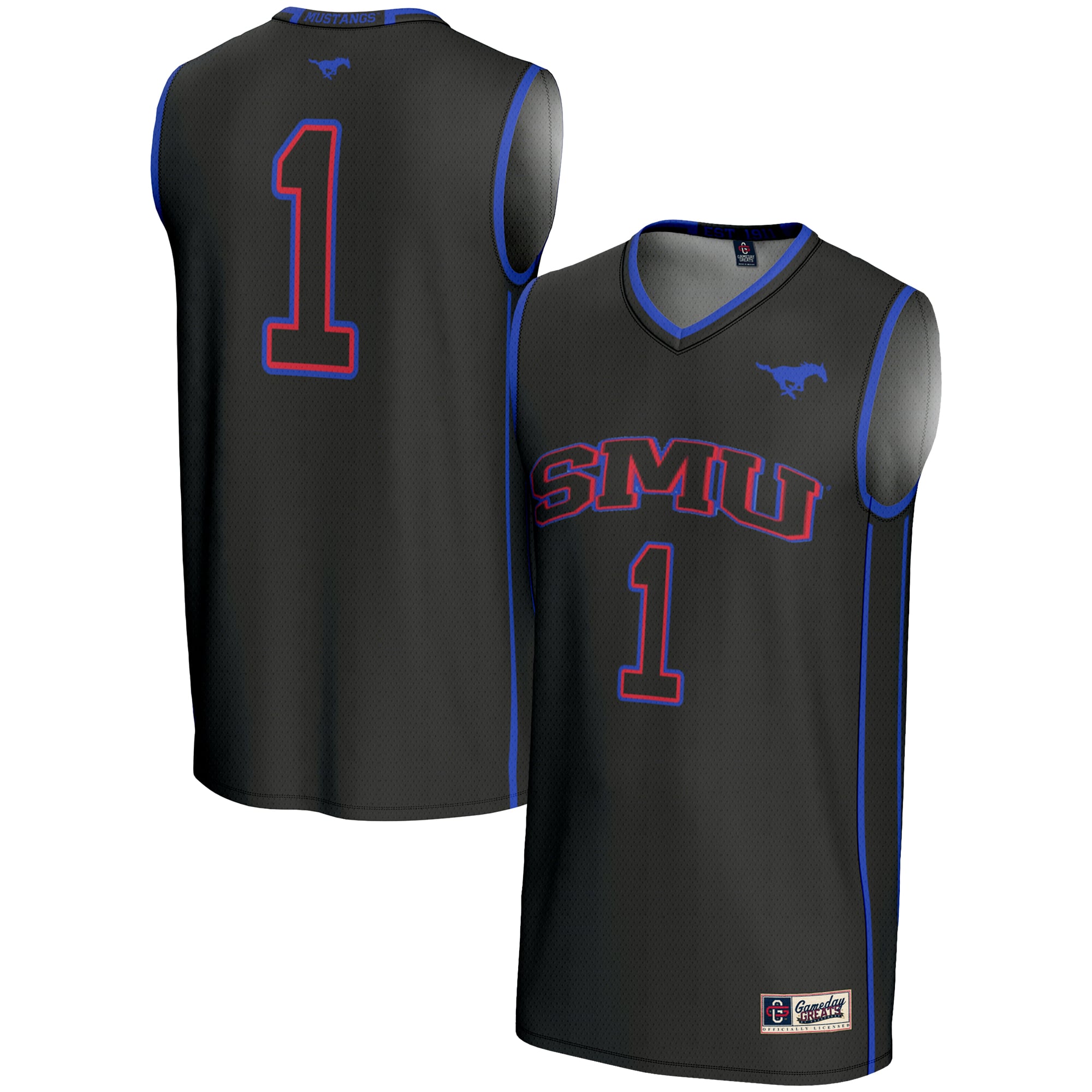 #1 SMU Mustangs Youth Lightweight Basketball Jersey Black - front and back view