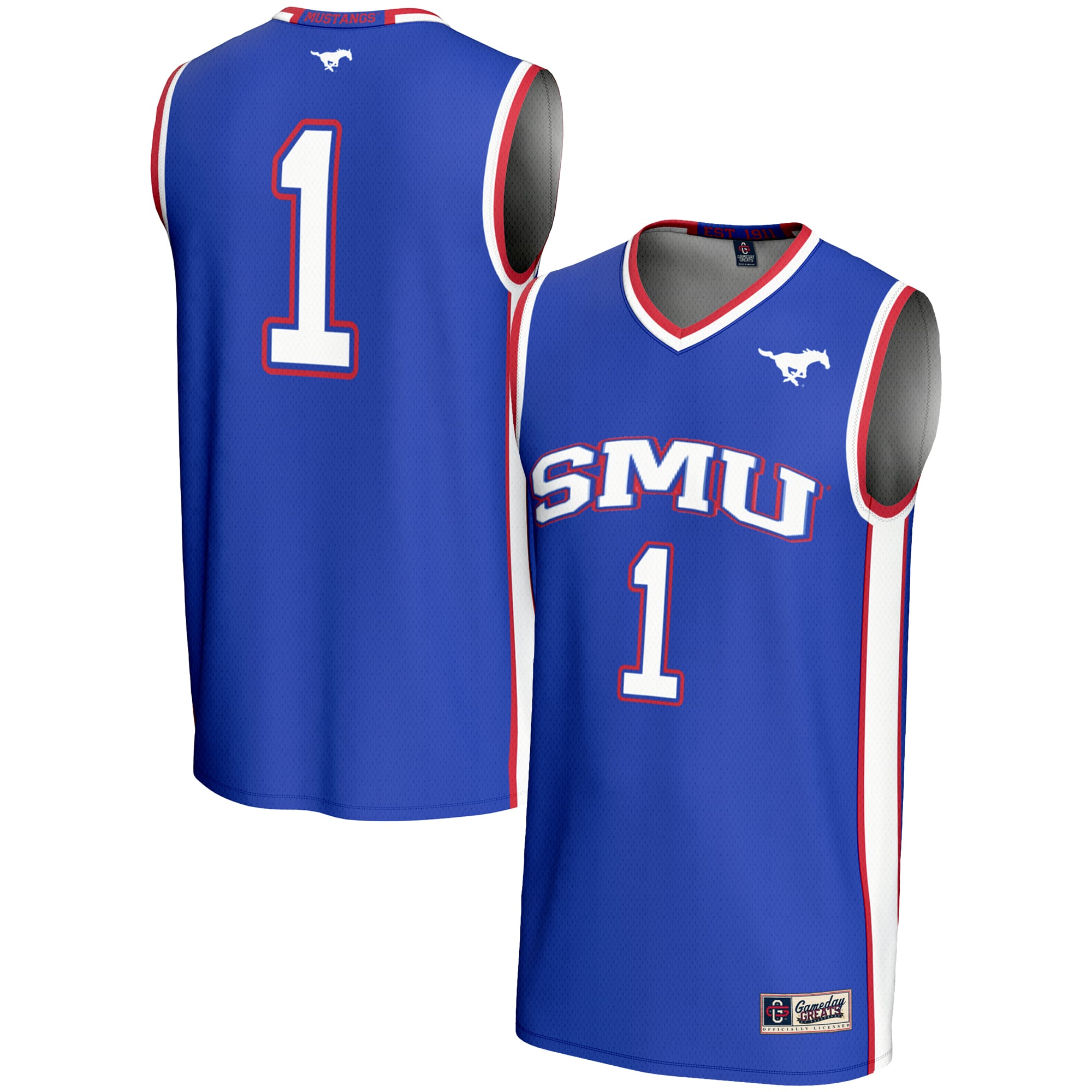 #1 SMU Mustangs Youth Lightweight Basketball Jersey Royal - front and back view
