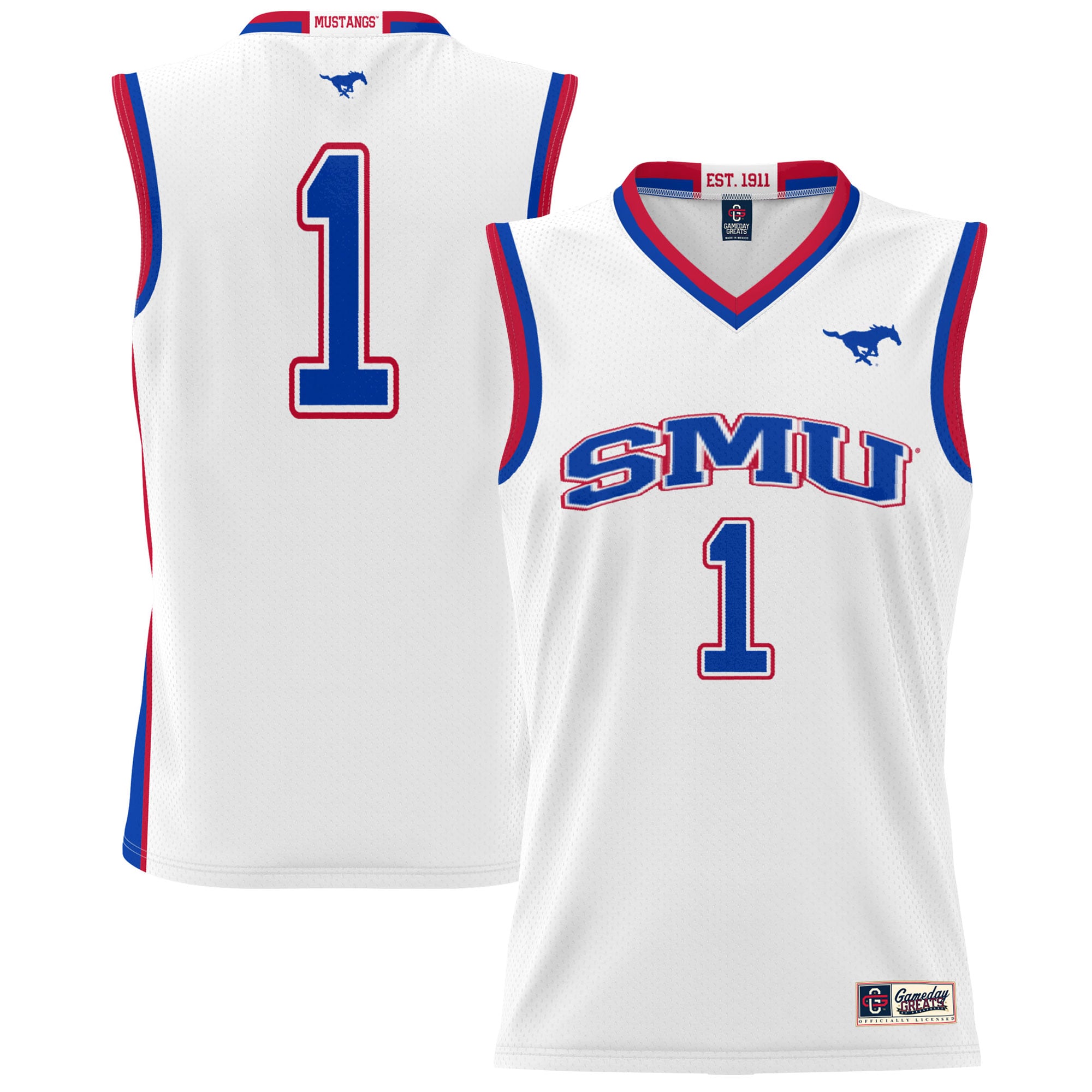 #1 SMU Mustangs Youth Lightweight Basketball Jersey White - front and back view