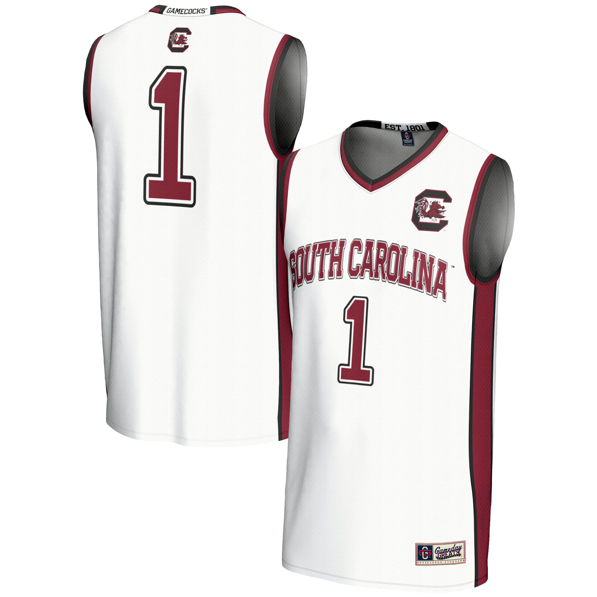 #1 South Carolina Gamecocks Unisex Lightweight Basketball Jersey White - front and back view