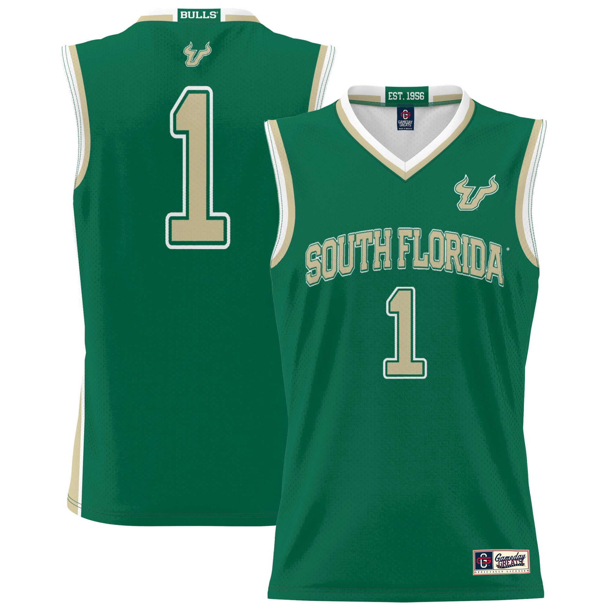 #1 South Florida Bulls Unisex Lightweight Basketball Jersey Green - front and back view