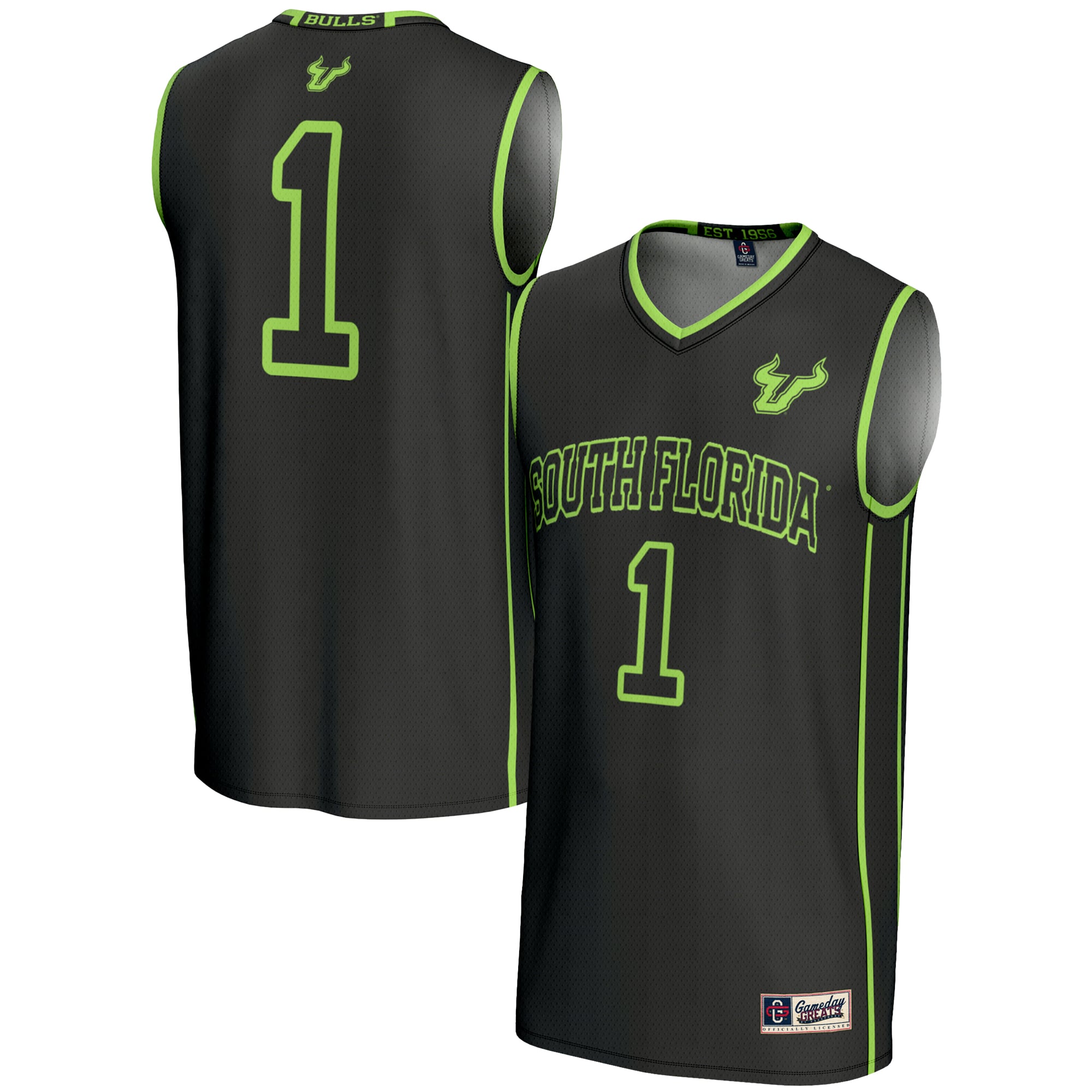 #1 South Florida Bulls Youth Lightweight Basketball Jersey Black - front and back view