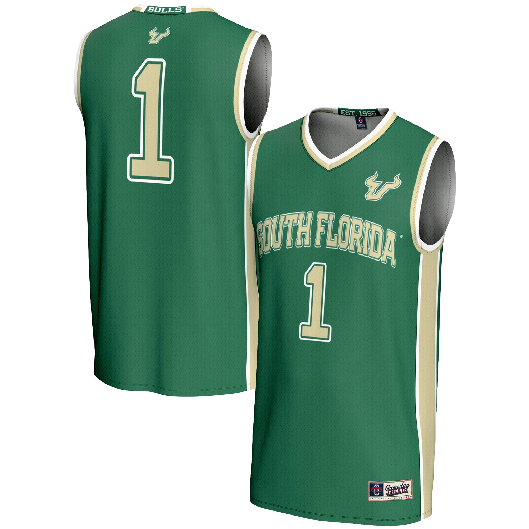 #1 South Florida Bulls Youth Lightweight Basketball Jersey Green - front and back view