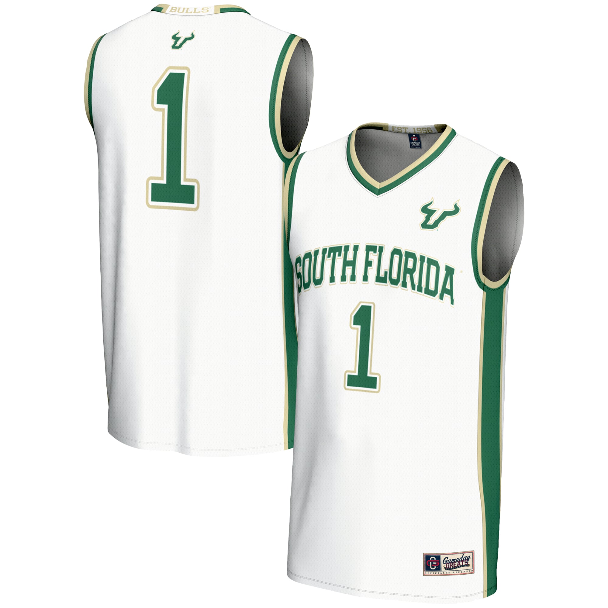 #1 South Florida Bulls Youth Lightweight Basketball Jersey White - front and back view