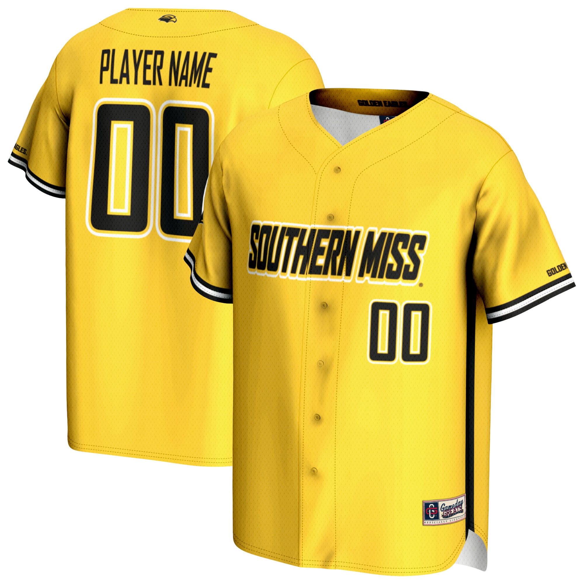 Southern Miss Golden Eagles Youth Lightweight Baseball Jersey Gold - front and back view