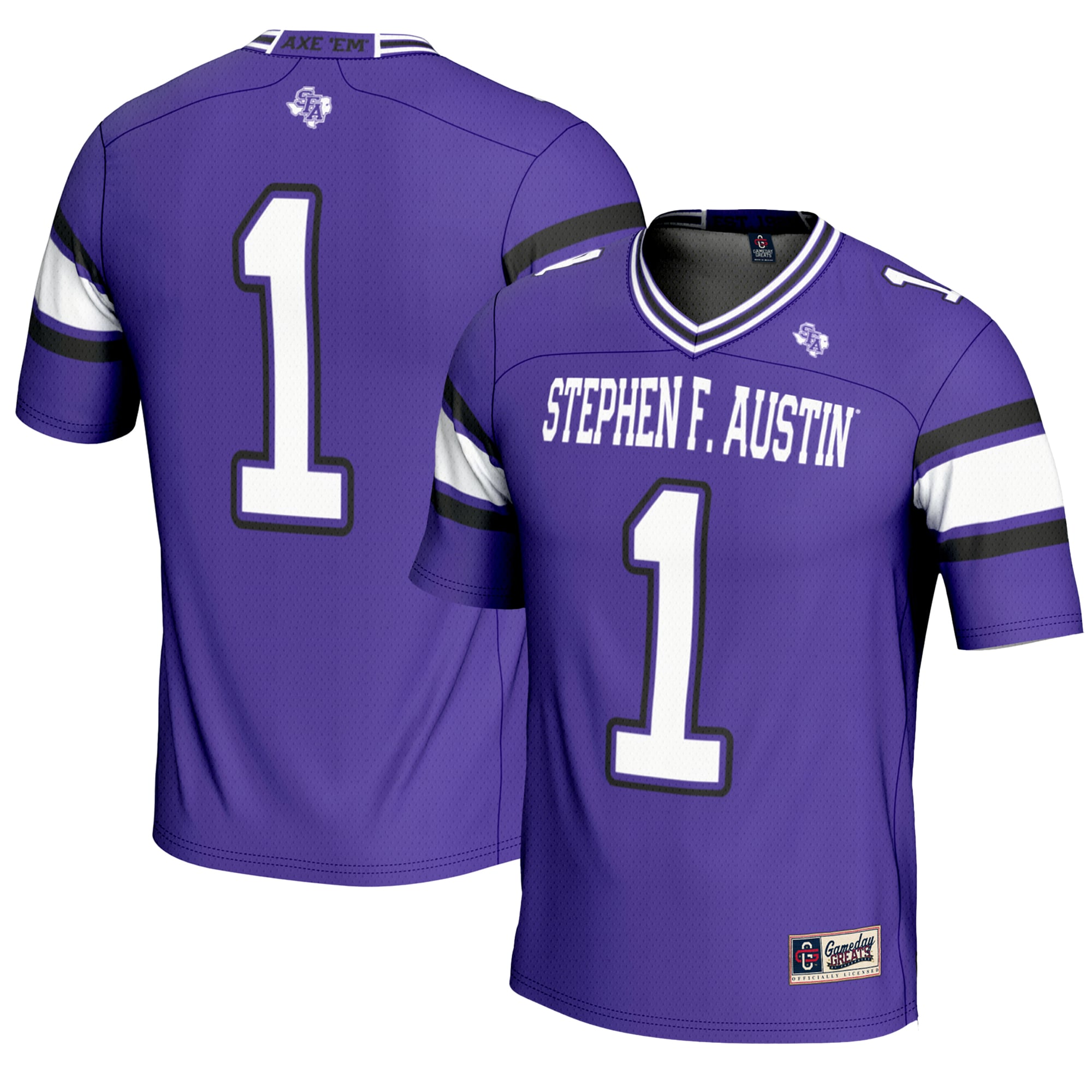 #1 Stephen F Austin Lumberjacks Endzone Football Jersey Purple - front and back view