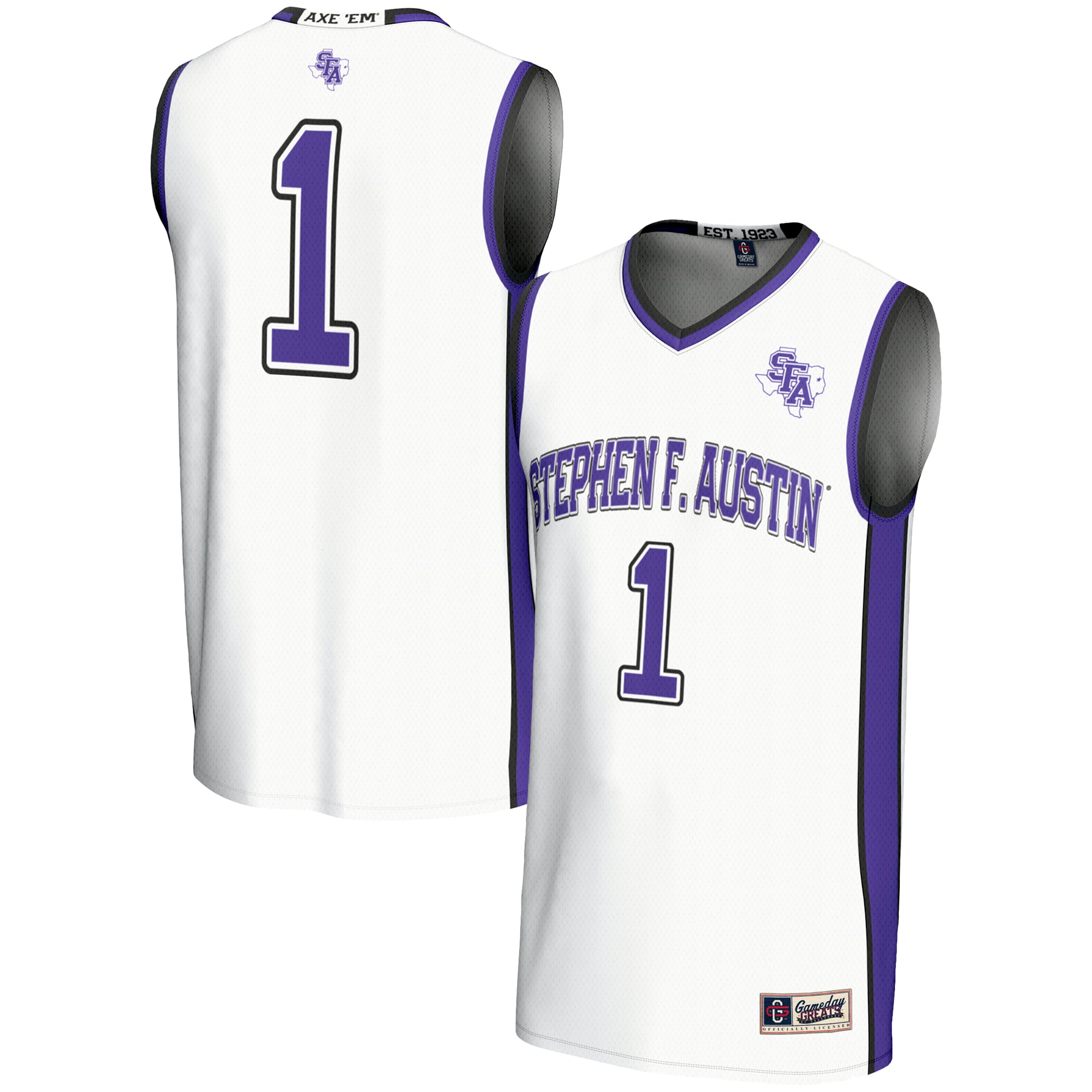 Stephen F Austin Lumberjacks Unisex #1 Basketball Jersey White - front and back view