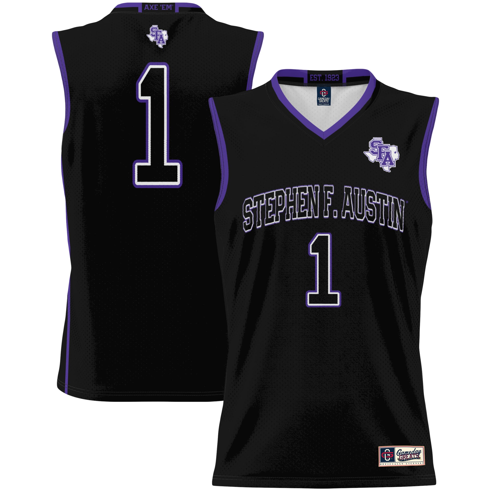 Stephen F Austin Lumberjacks Youth #1 Basketball Jersey Black - front and back view