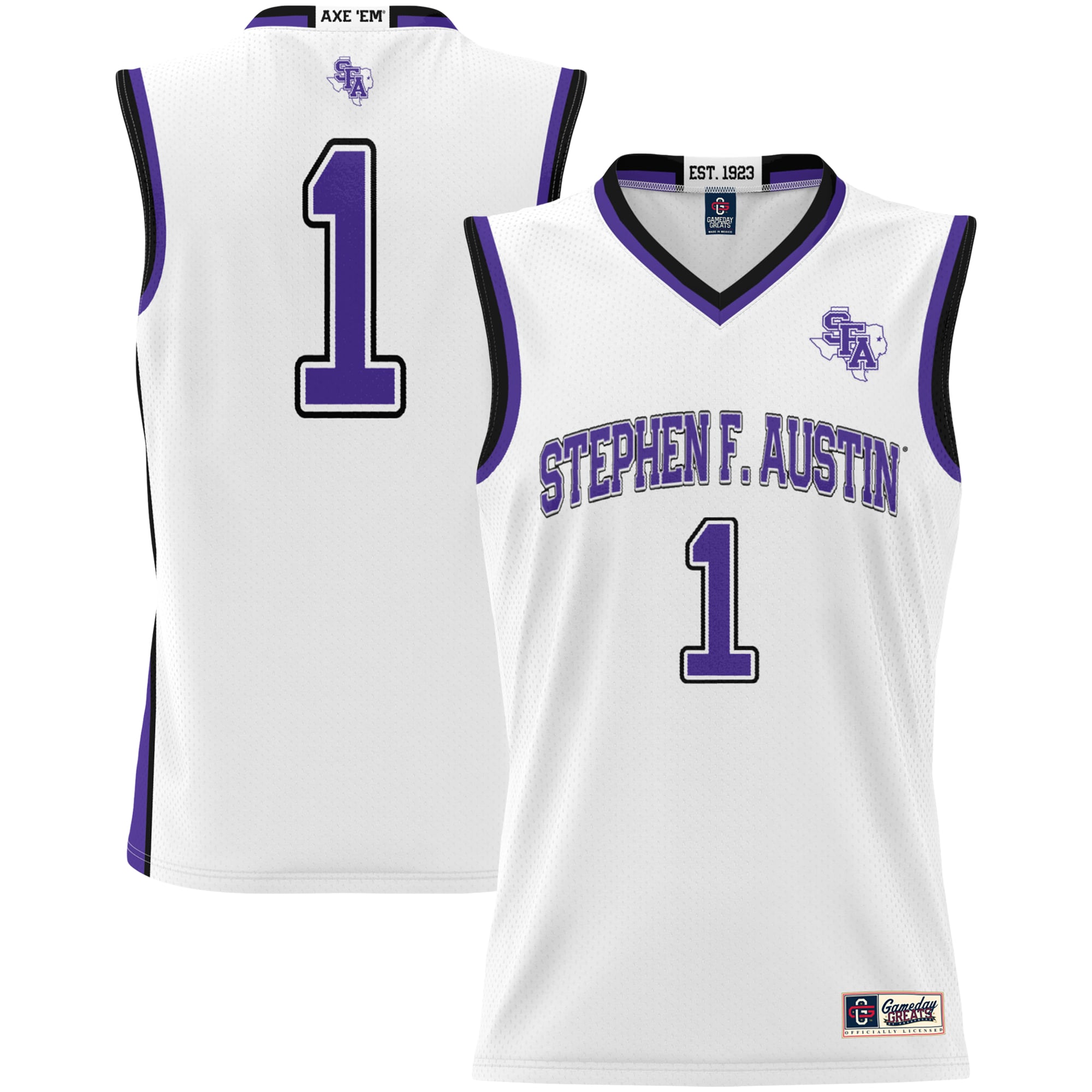 Stephen F Austin Lumberjacks Youth #1 Basketball Jersey White - front and back view
