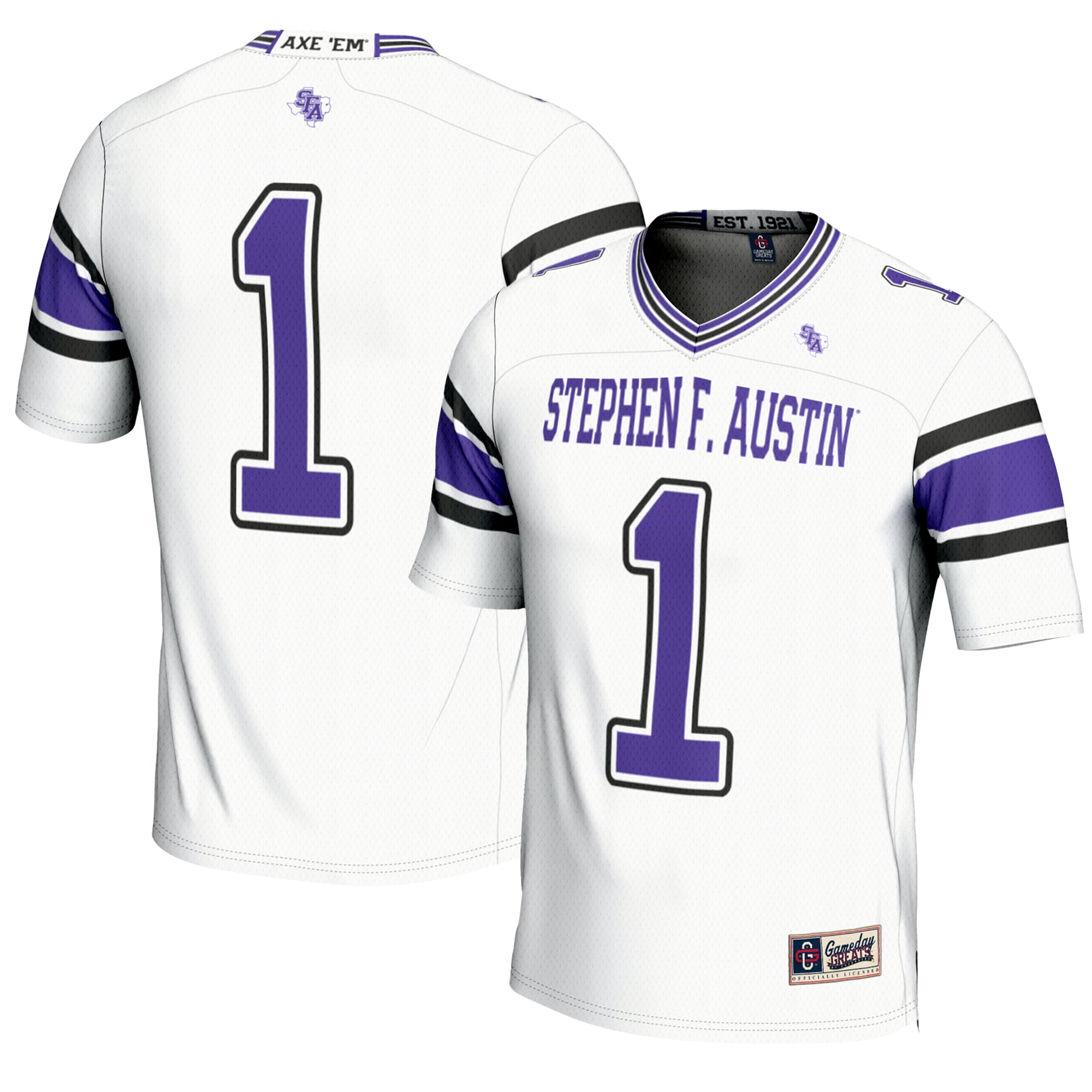 #1 Stephen F Austin Lumberjacks Youth Endzone Football Jersey White - front and back view