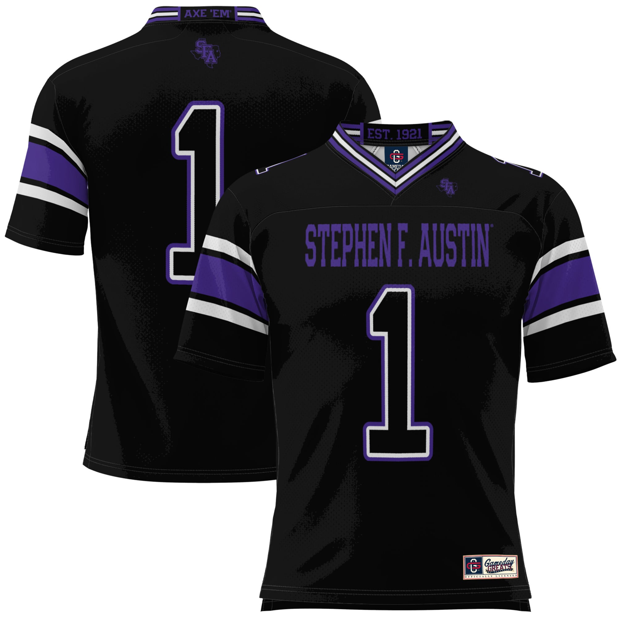 #1 Stephen F Austin Lumberjacks Youth Football Jersey Black - front and back view