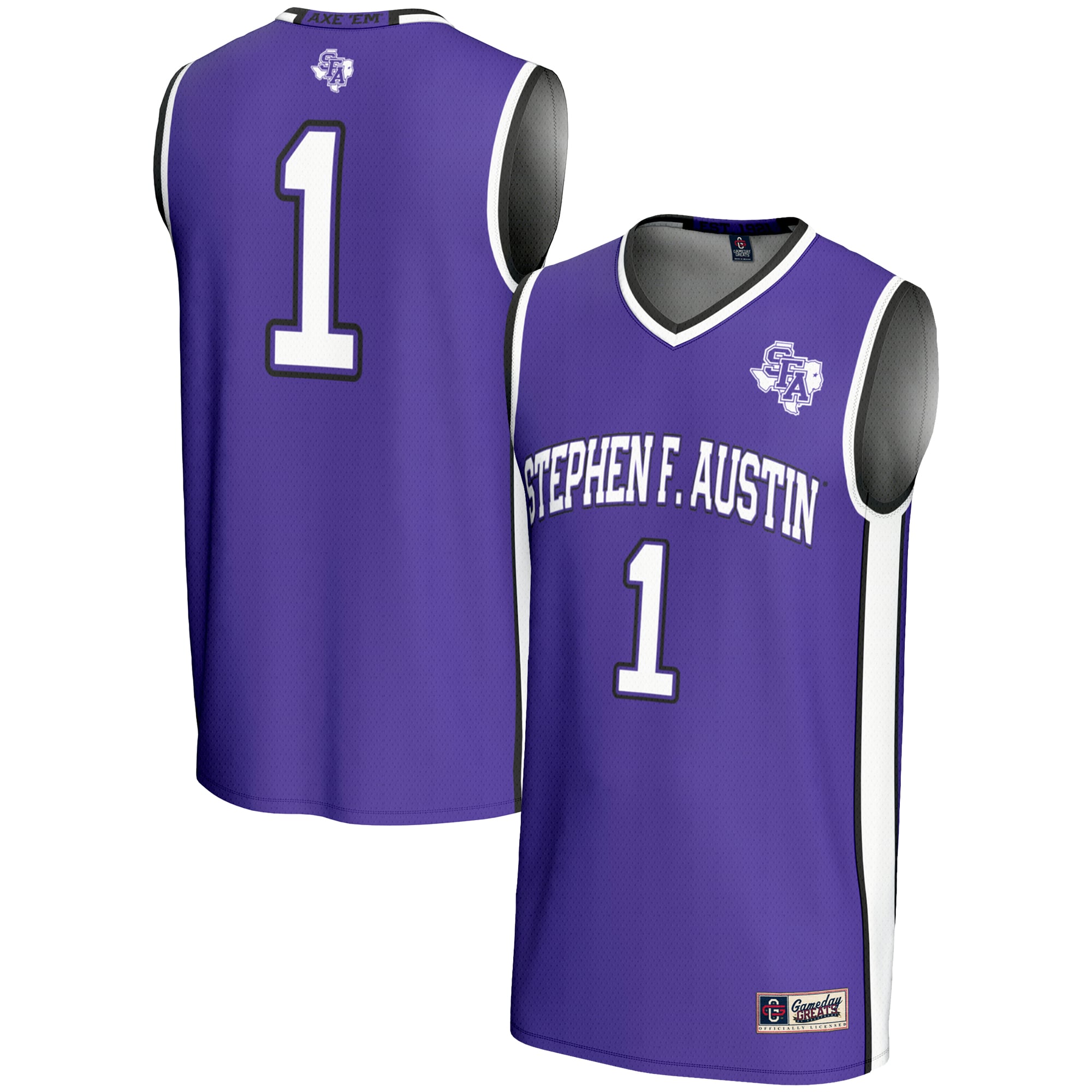 #1 Stephen F Austin Lumberjacks Youth Lightweight Basketball Jersey Purple - front and back view