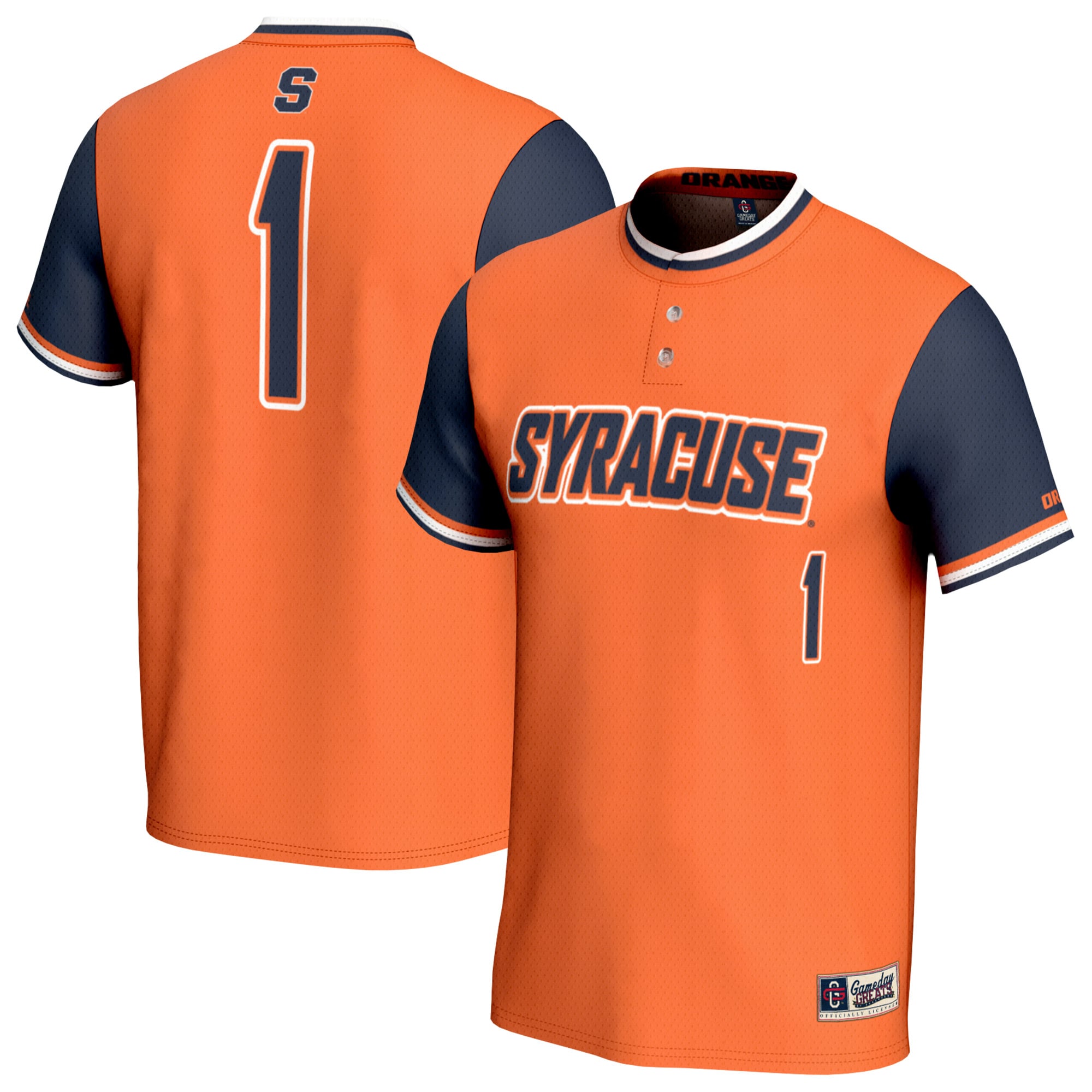 #1 Syracuse Orange Unisex Lightweight Collegiate Softball Fashion Jersey - front and back view