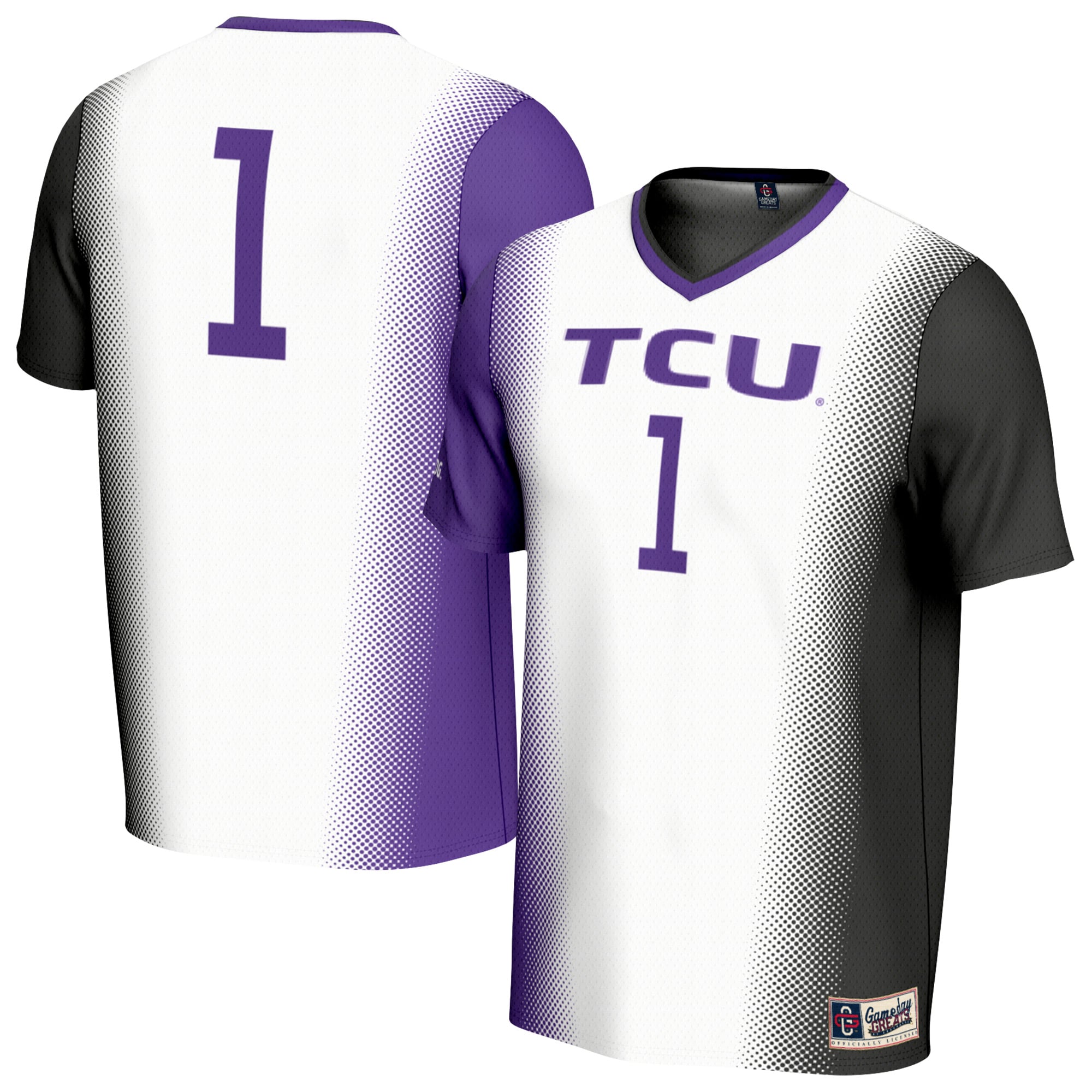#1 TCU Horned Frogs Unisex Lightweight Soccer Fashion Jersey White - front and back view