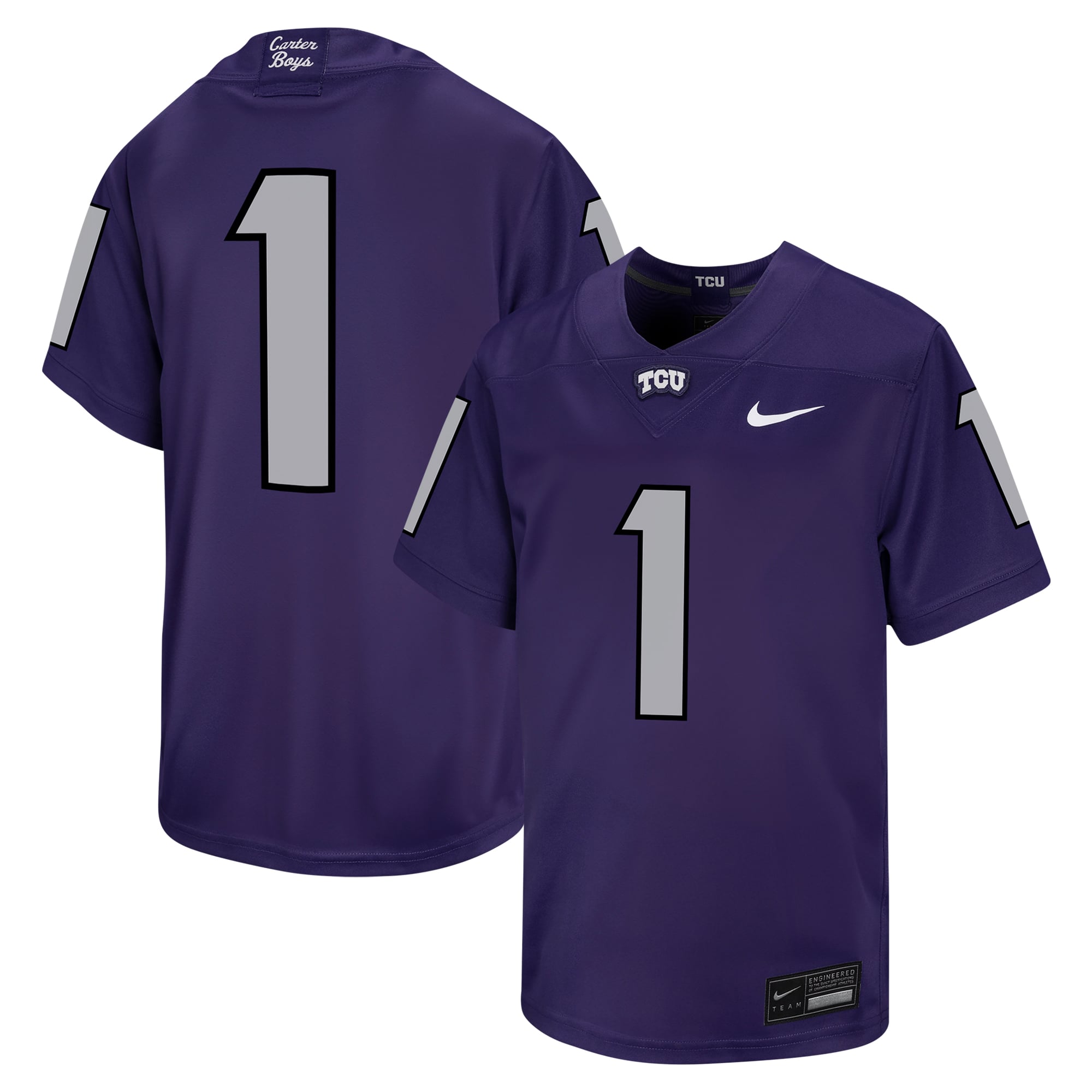 #1 TCU Horned Frogs Youth Football Jersey Purple - front and back view