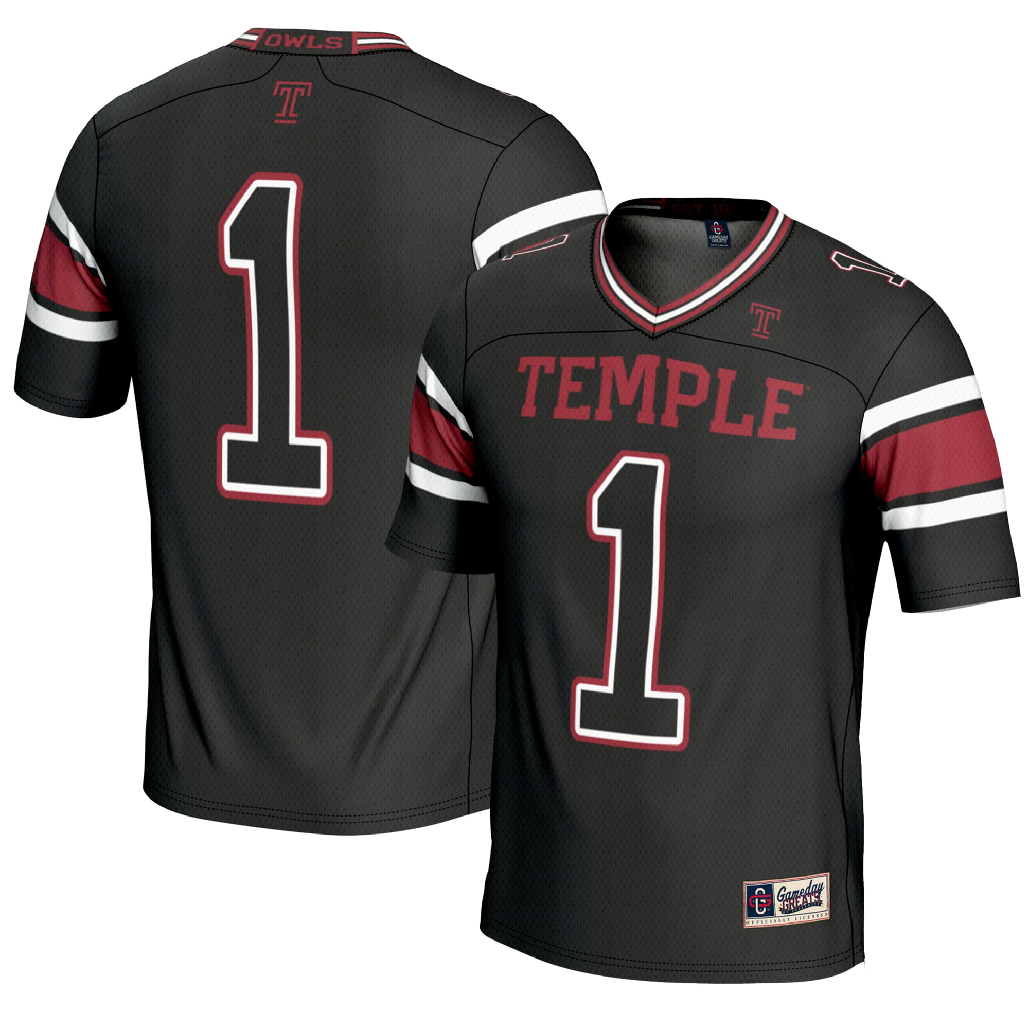 #1 Temple Owls Youth Endzone Football Jersey Black - front and back view