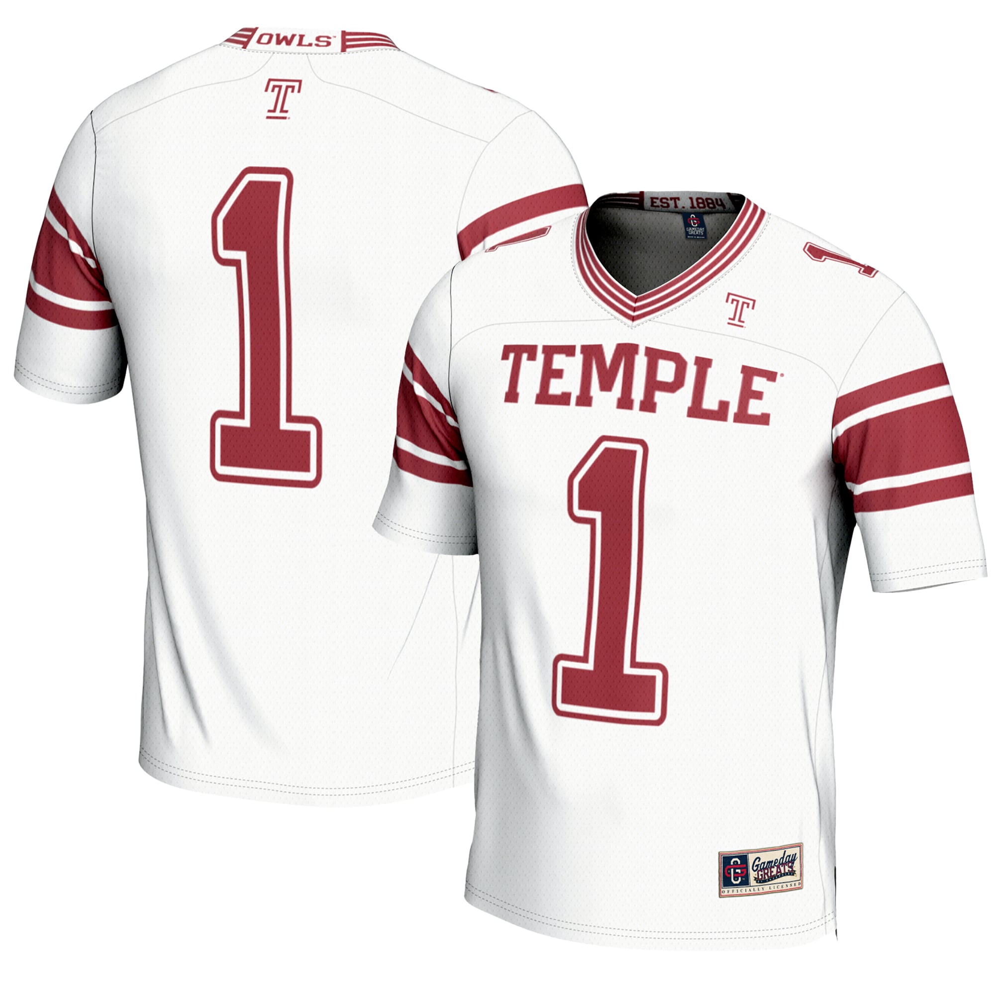 #1 Temple Owls Youth Endzone Football Jersey White - front and back view