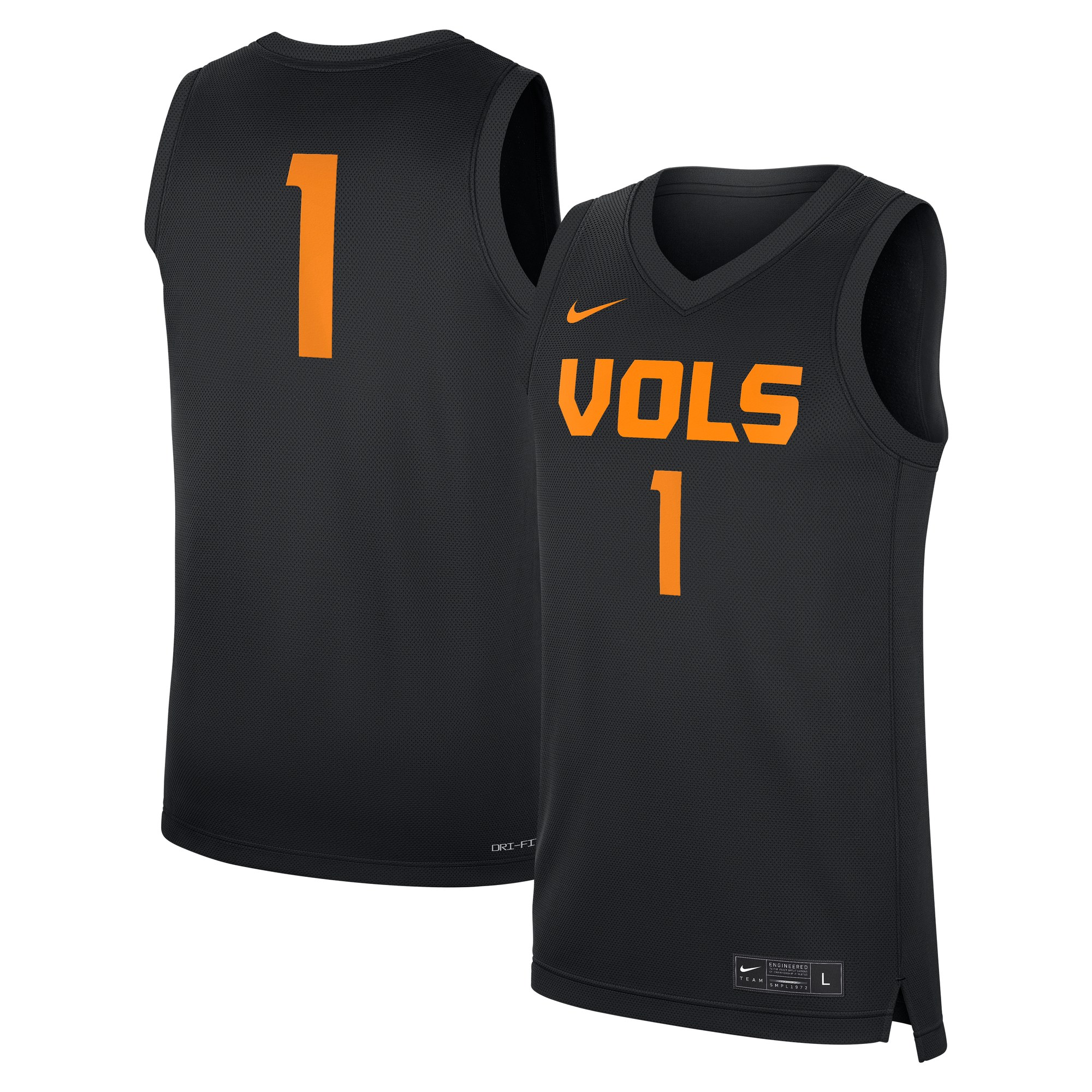 Tennessee Volunteers #1 Basketball Jersey Black - front and back view