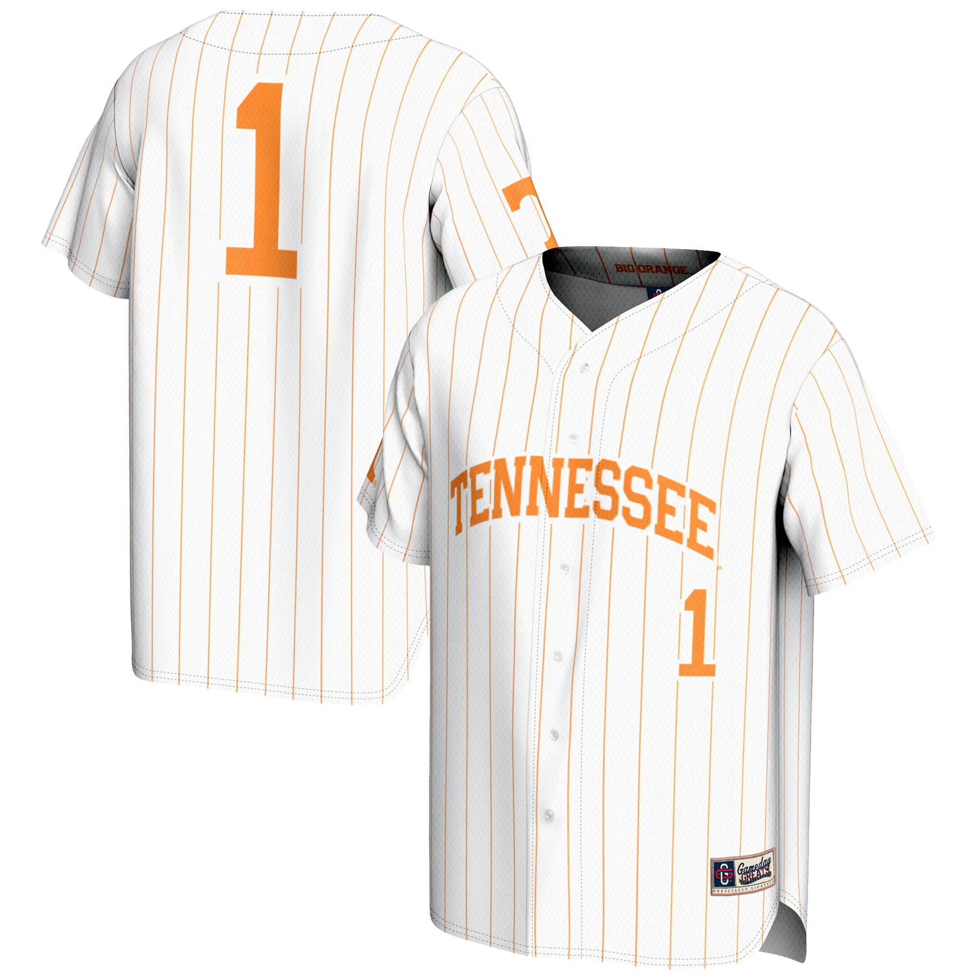 #1 Tennessee Volunteers Lightweight Baseball Jersey White - front and back view