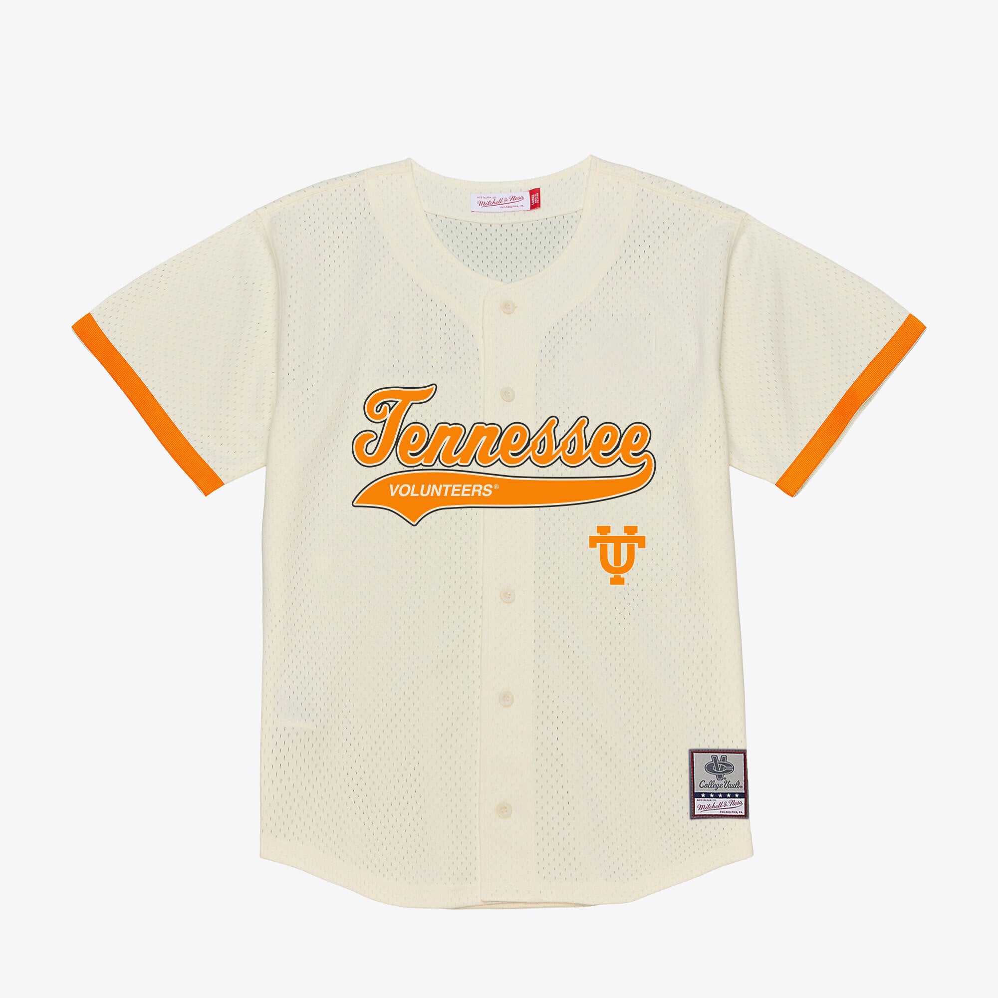 Tennessee Volunteers Mesh Button-Up Batting Practice Baseball Jersey Cream - front and back view