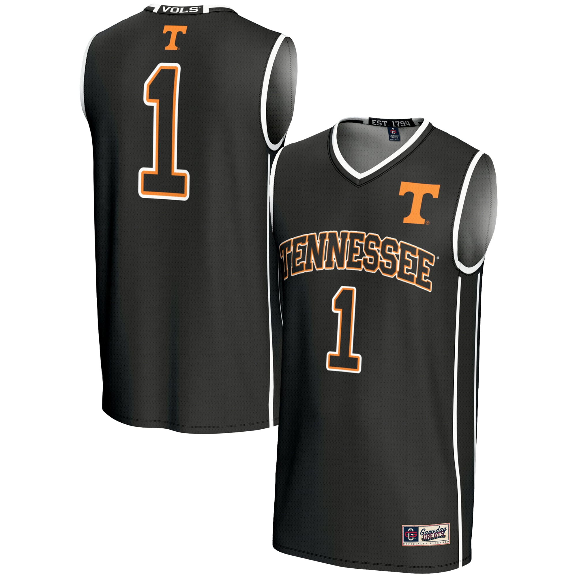 #1 Tennessee Volunteers Unisex Lightweight Basketball Jersey Black - front and back view