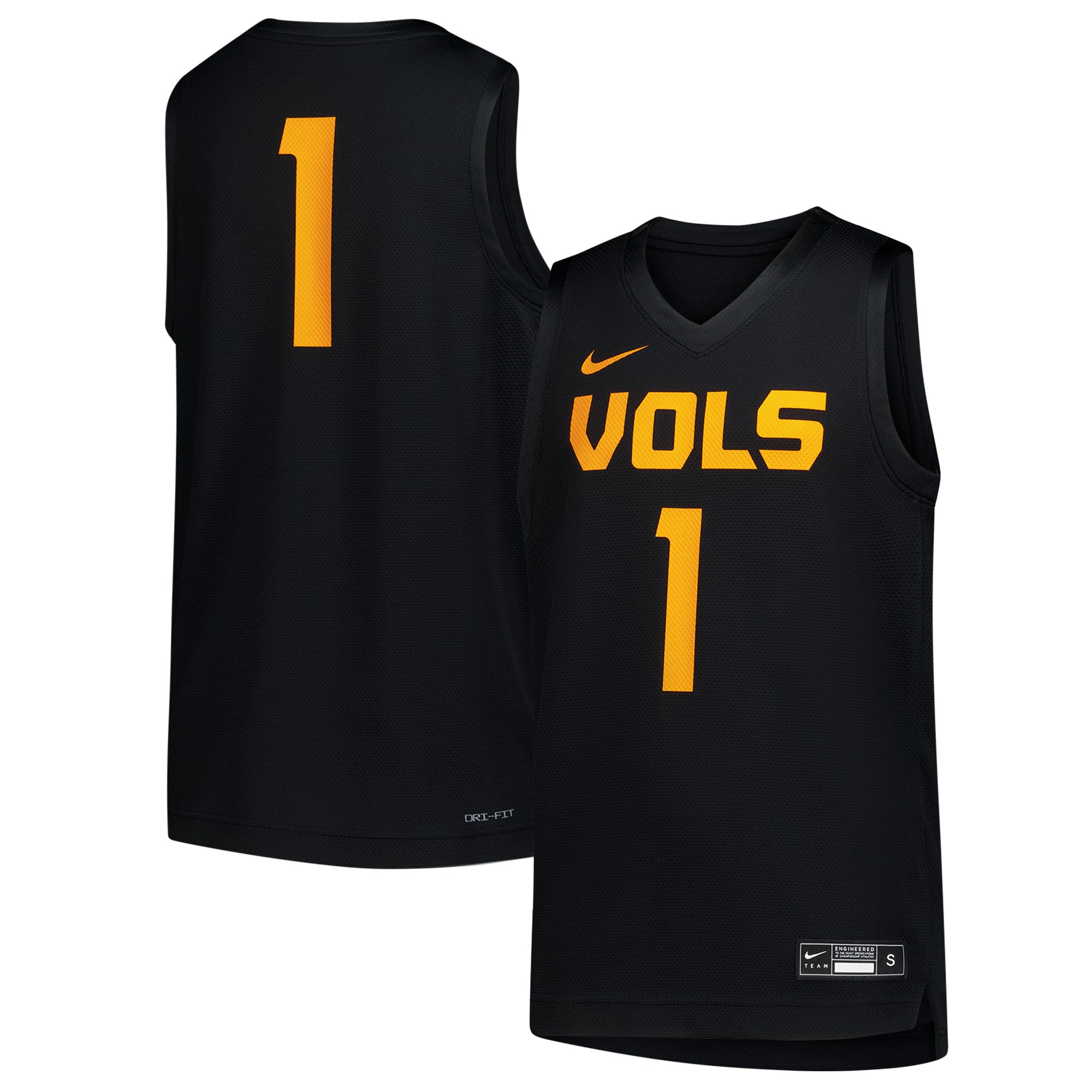 #1 Tennessee Volunteers Youth Basketball Jersey Black - front and back view