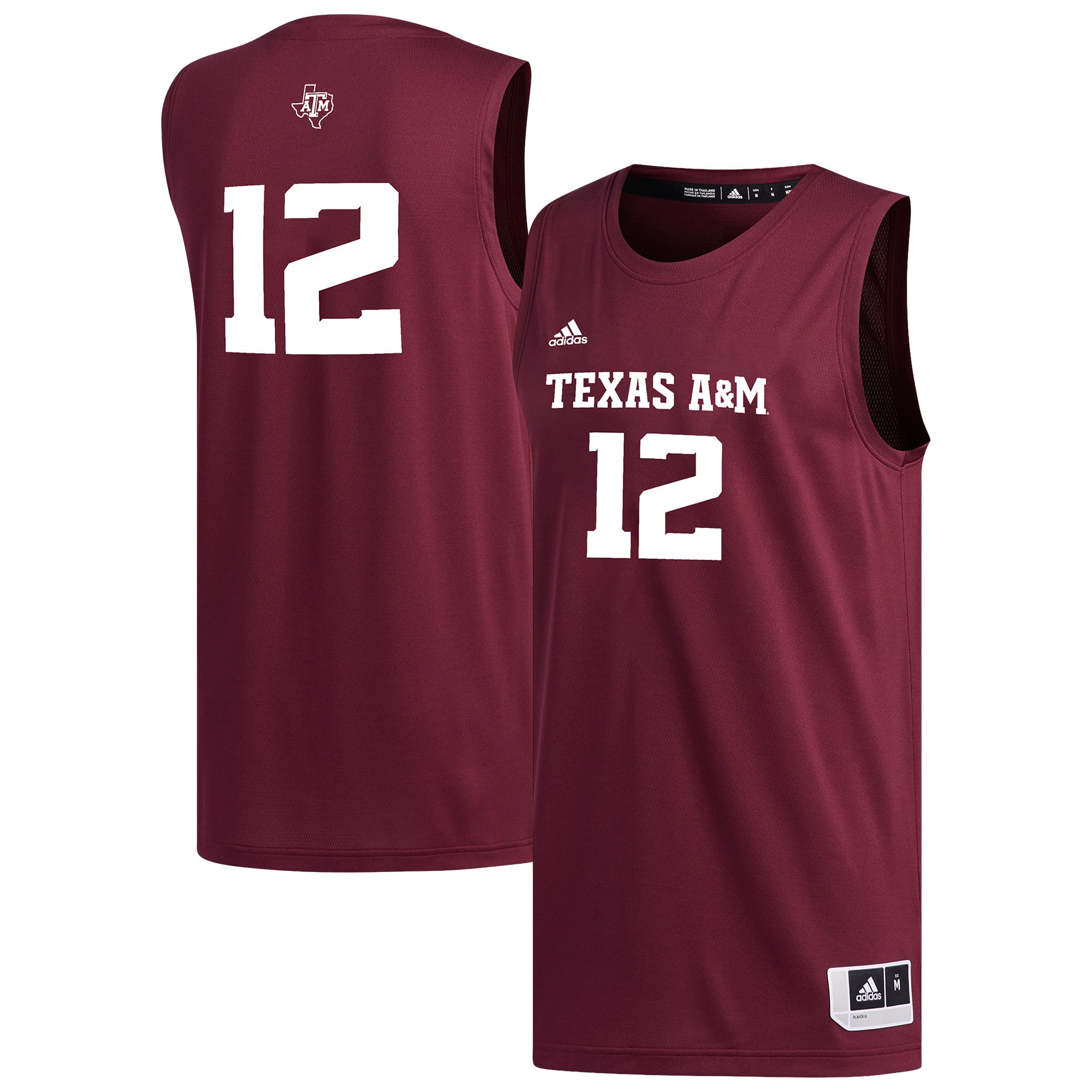#12 Texas A&M Aggies Basketball Jersey Maroon - front and back view