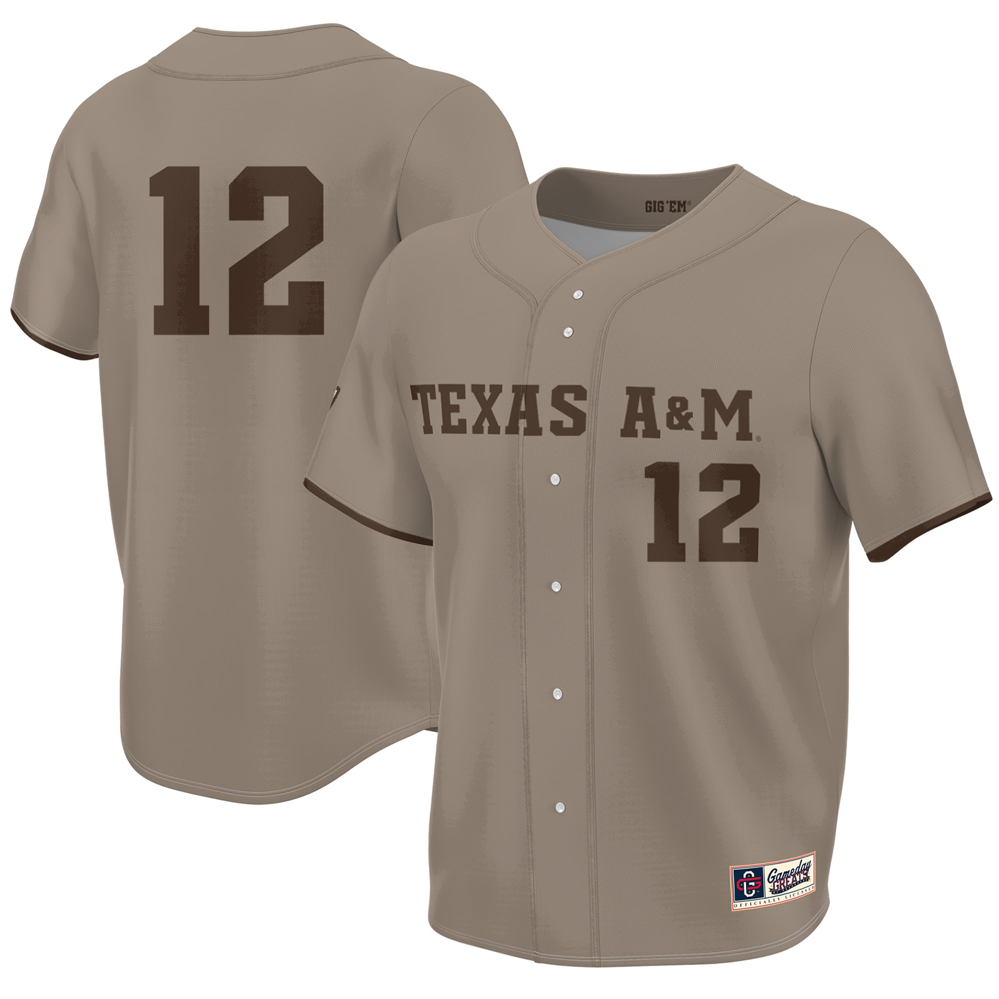 Texas A&M Aggies Youth Corps of Cadet Lightweight Baseball Jersey Khaki - front and back view