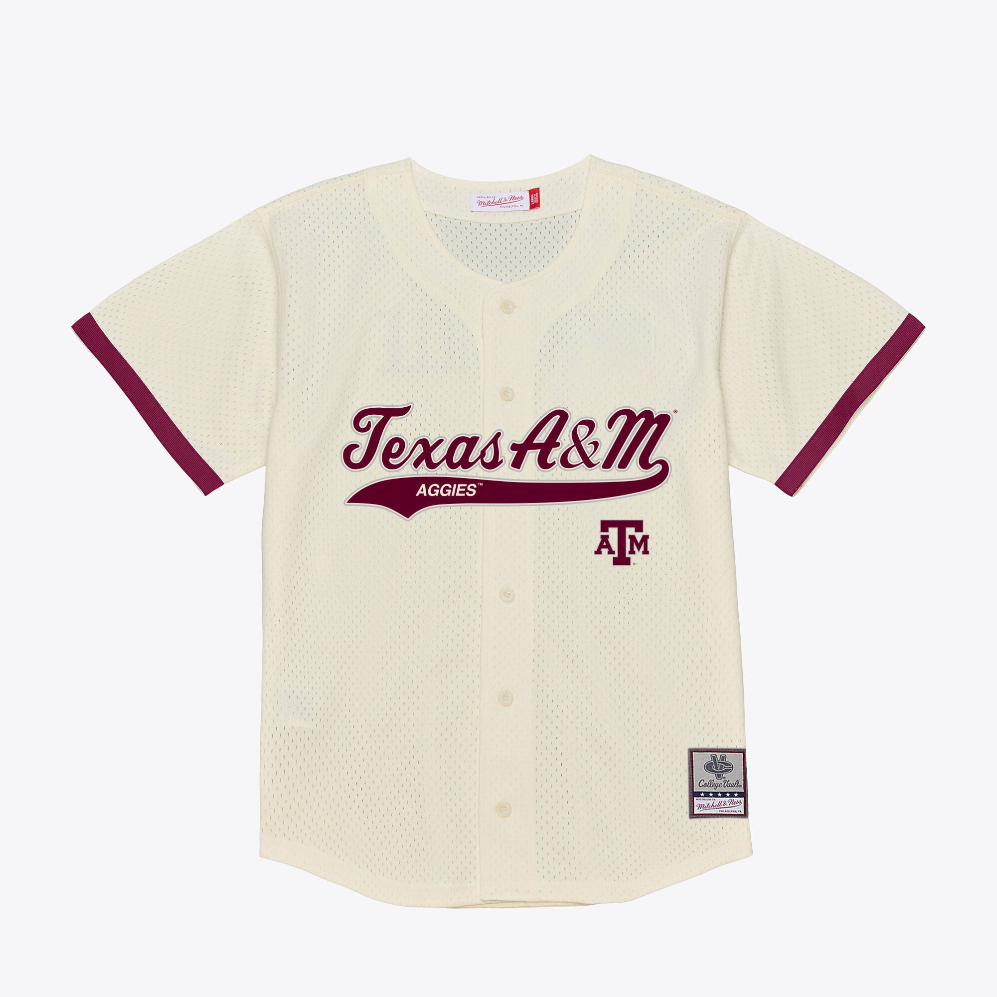 Texas A&M Aggies Mesh Button-Up Batting Practice Baseball Jersey Cream - front and back view