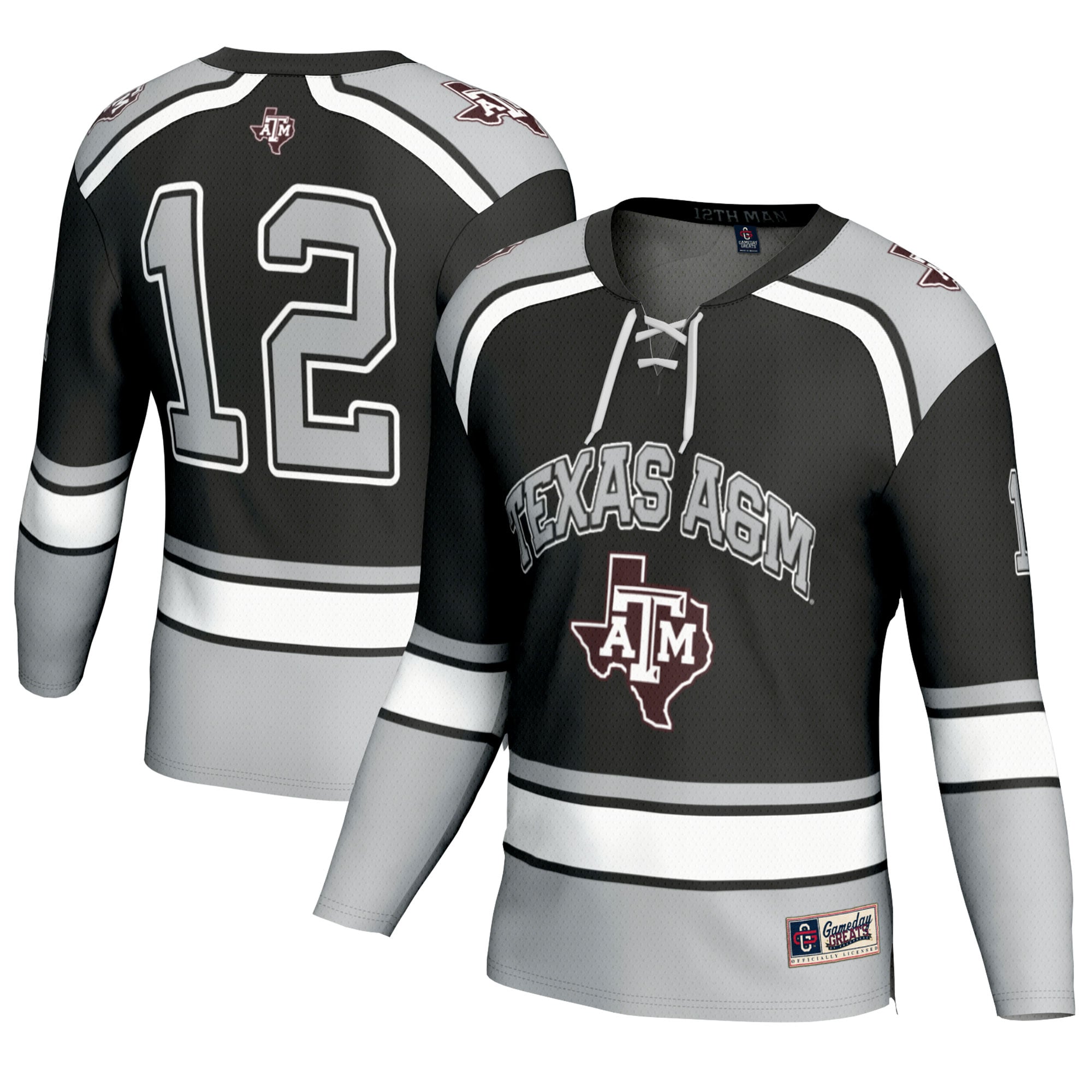 #12 Texas A&M Aggies Unisex Hockey Fashion Jersey - Black - front and back view