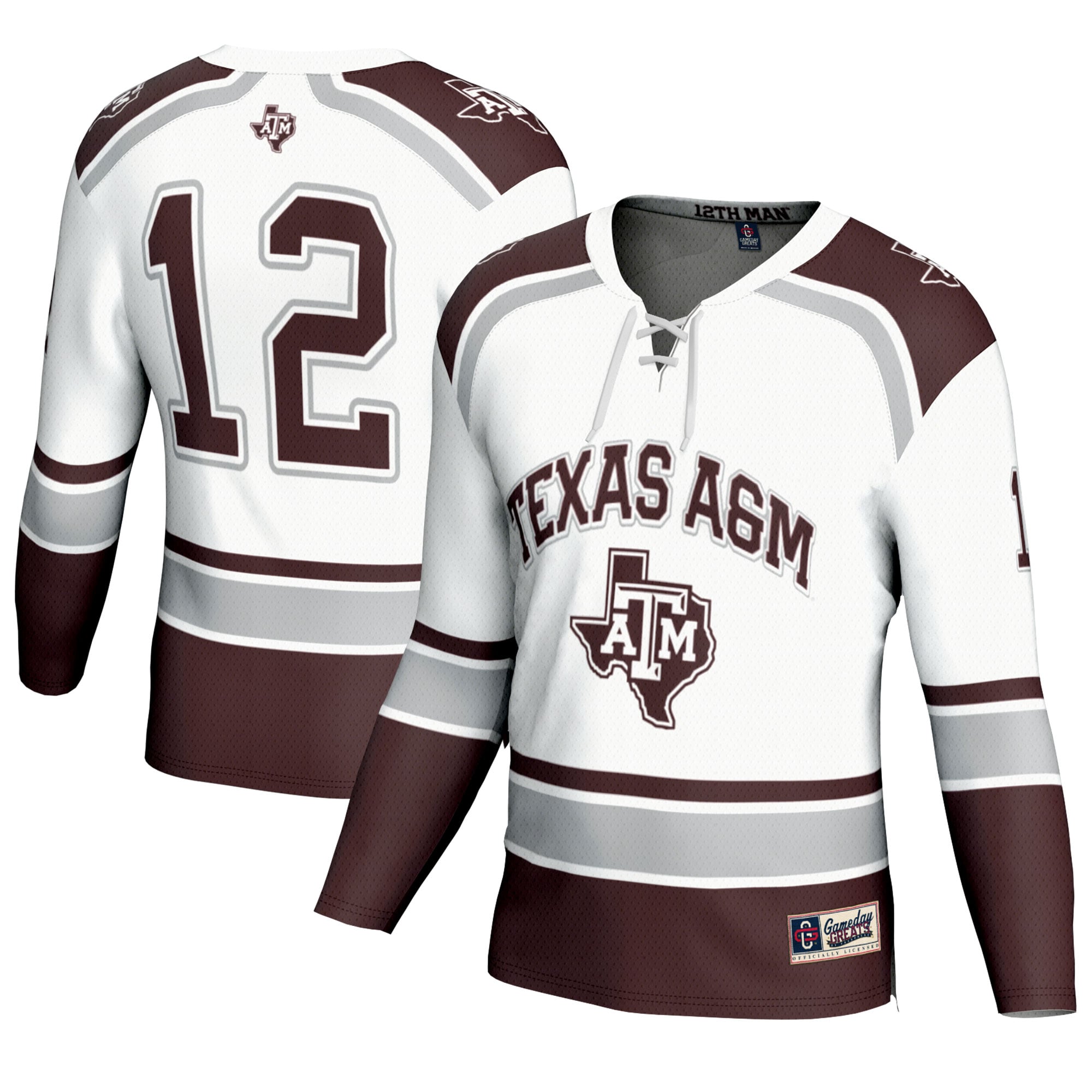 #12 Texas A&M Aggies Unisex Hockey Fashion Jersey - White - front and back view