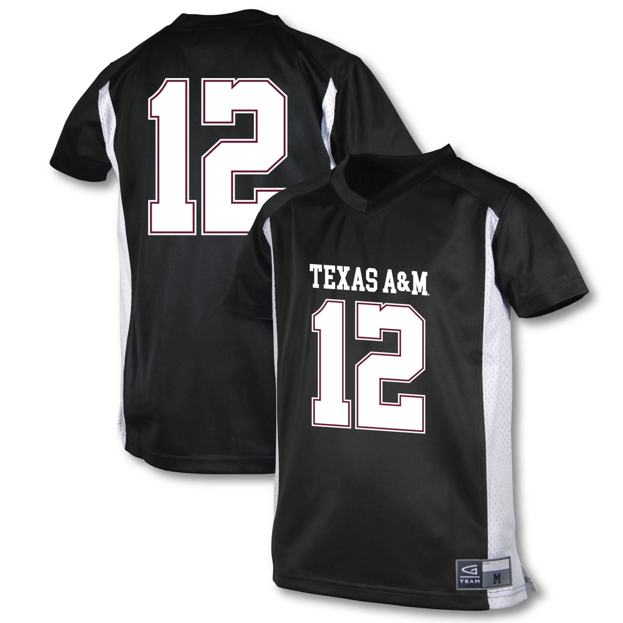 #12 Texas A&M Aggies Youth Football Jersey Black - front and back view