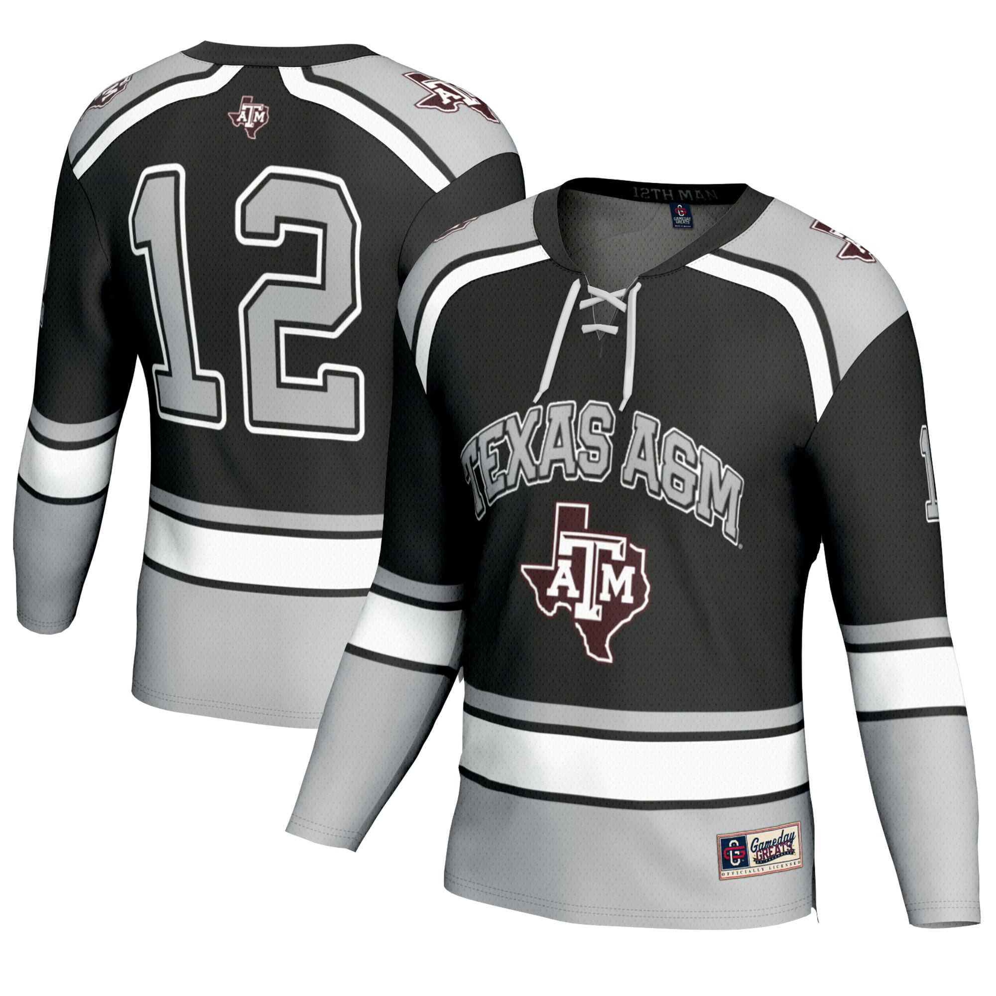 #12 Texas A&M Aggies Youth Hockey Fashion Jersey Black - front and back view