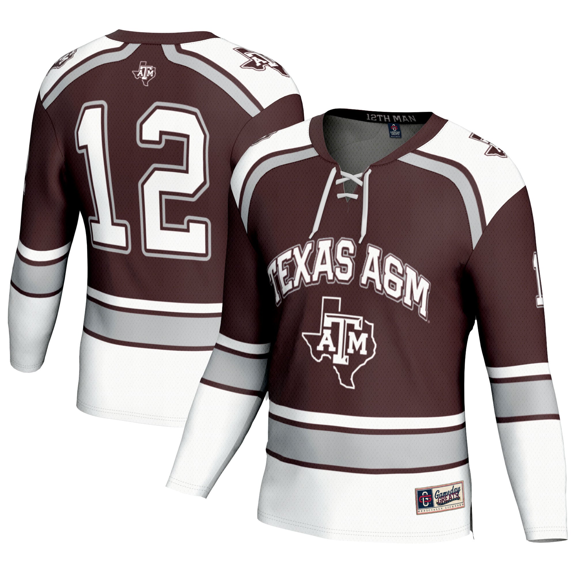 #12 Texas A&M Aggies Youth Hockey Fashion Jersey Maroon - front and back view