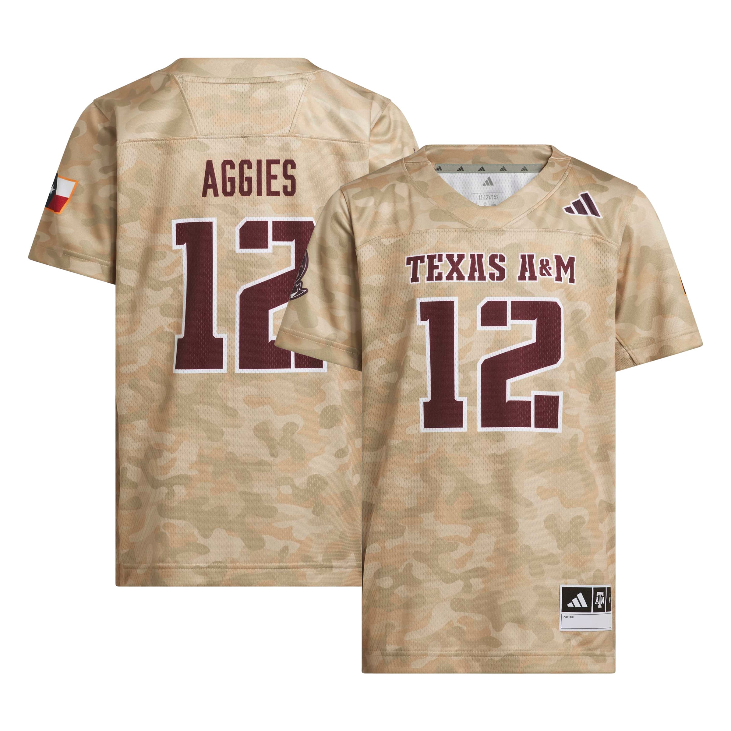 #12 Texas A&M Aggies Youth Honor & Support Strategy Football Jersey Beige - front and back view