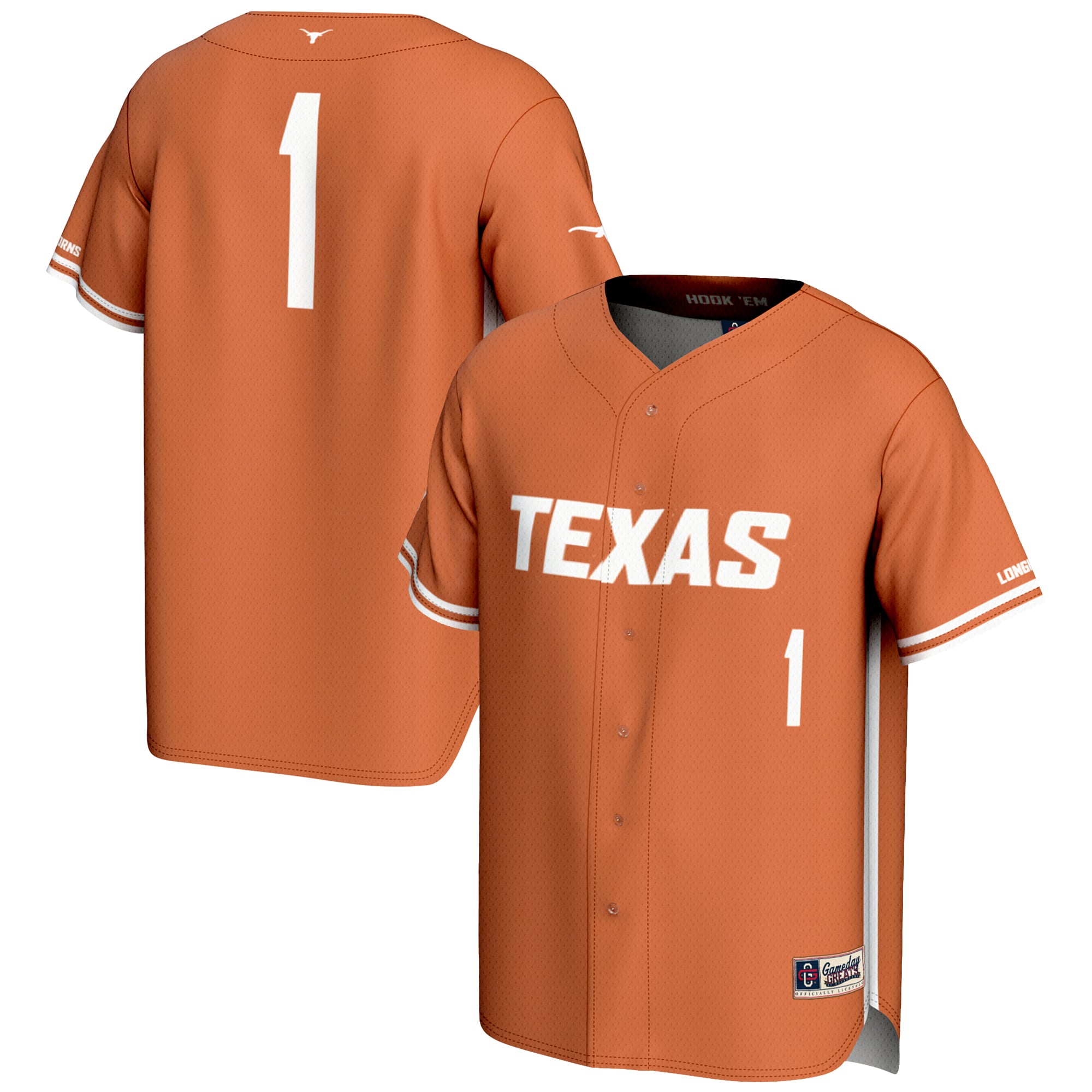 #1 Texas Longhorns Lightweight Baseball Jersey Burnt Orange - front and back view