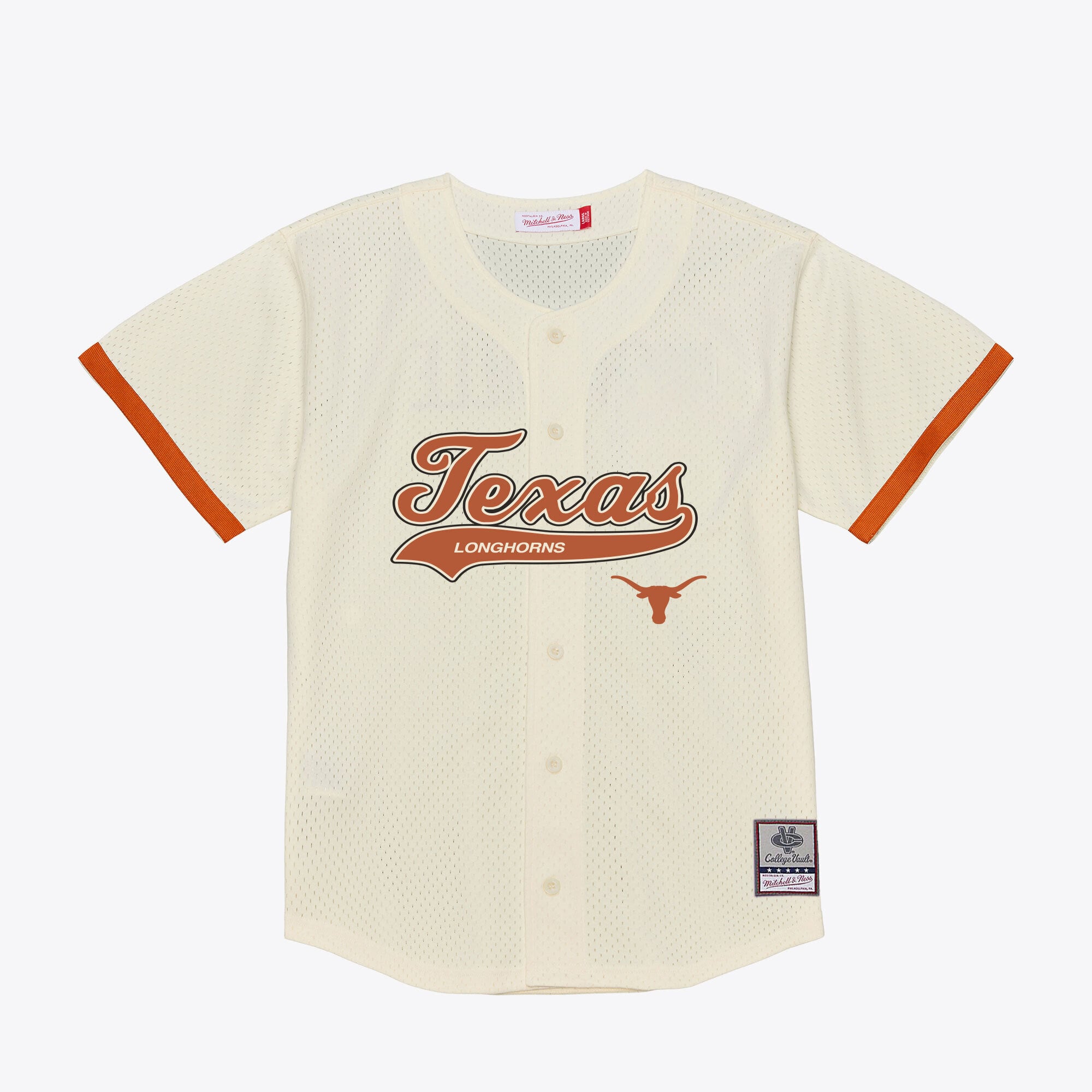 Texas Longhorns Mesh Button-Up Batting Practice Baseball Jersey Cream - front and back view