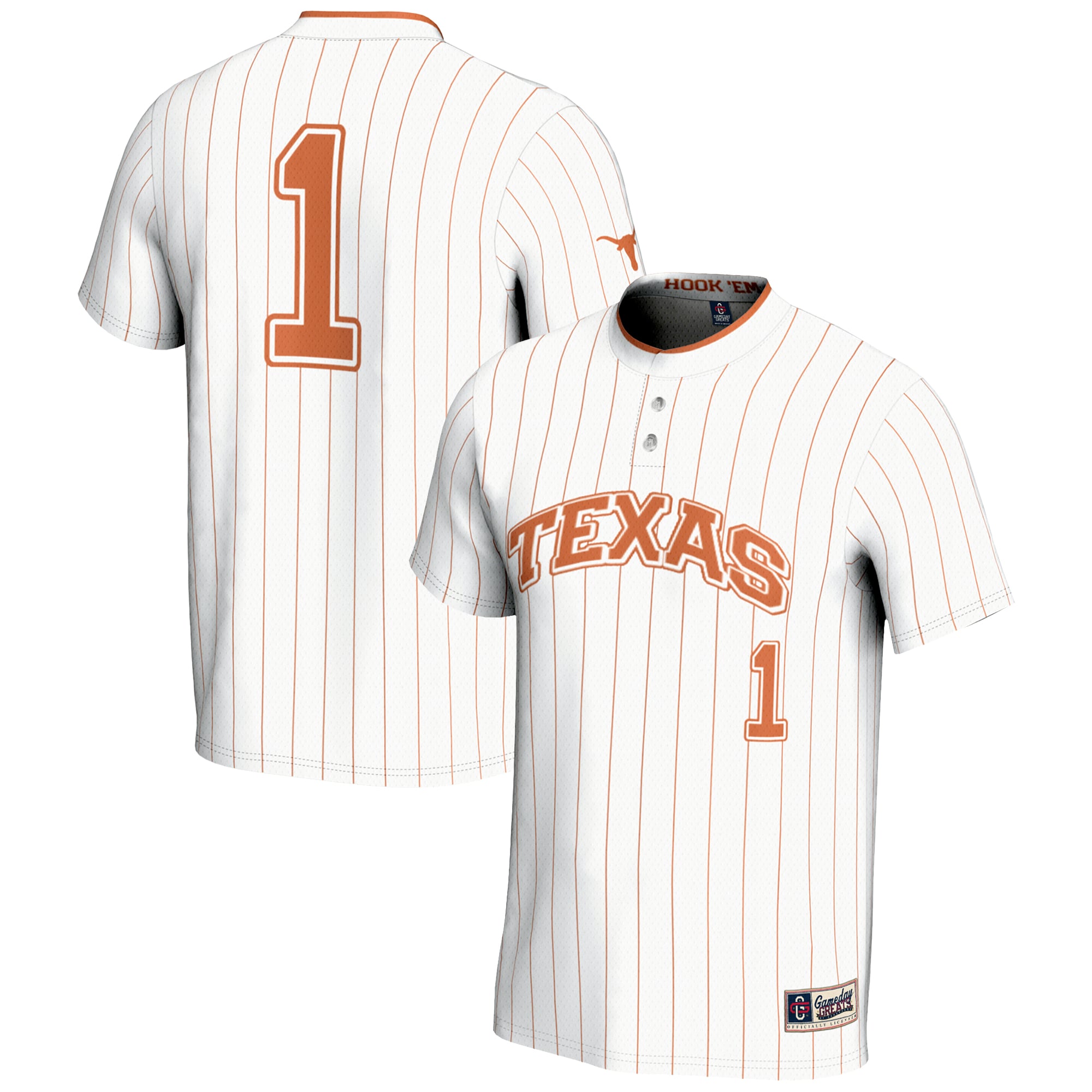 #1 Texas Longhorns Unisex Lightweight Softball Jersey White - front and back view