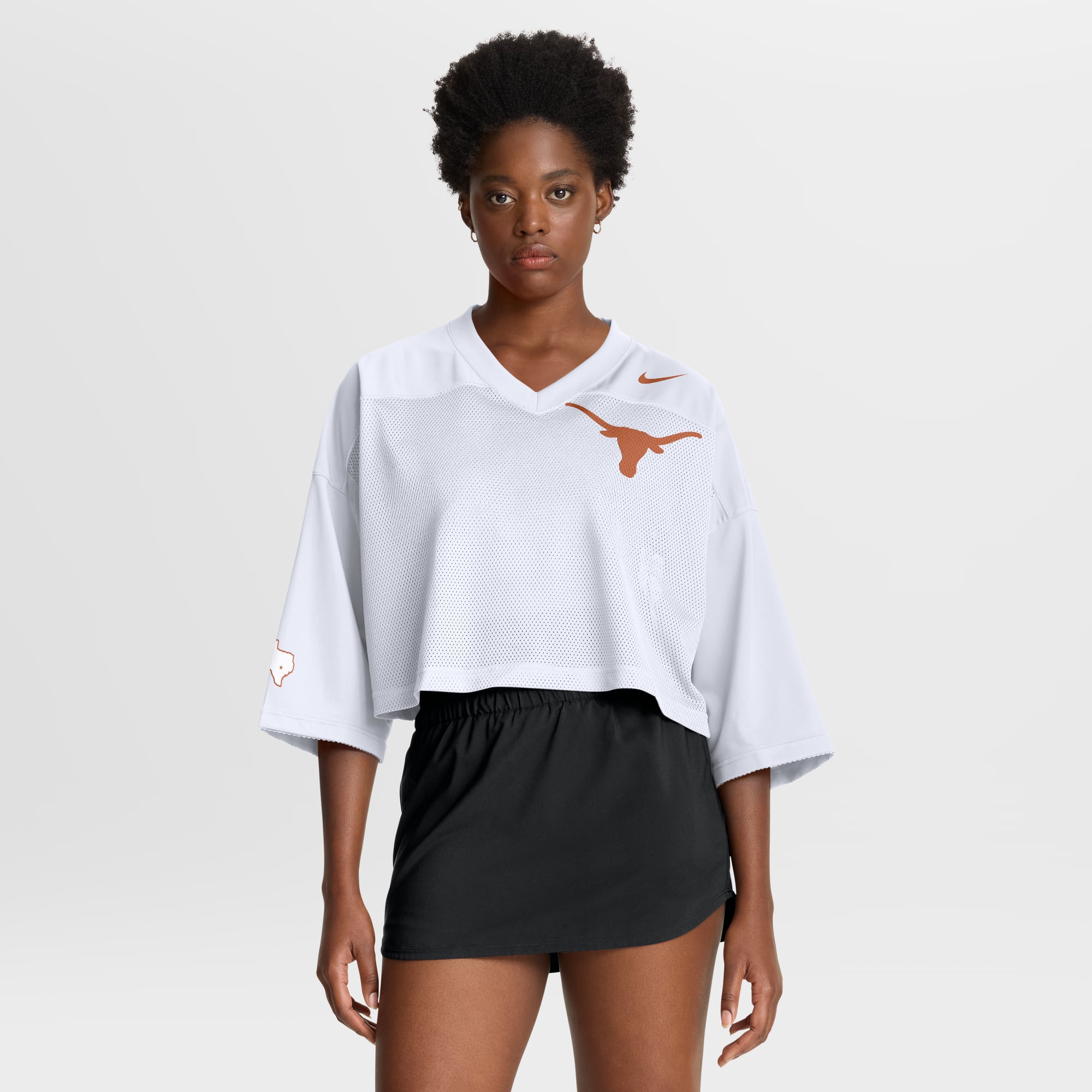 Texas Longhorns Women's Cropped Mesh Fashion Jersey White - front and back view