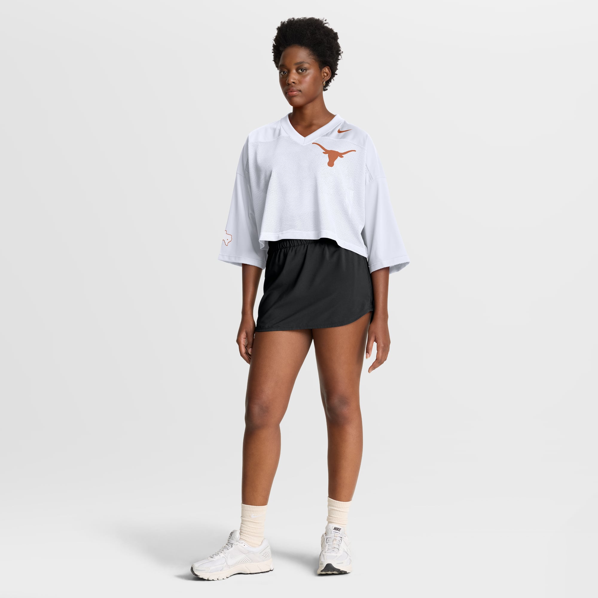 Texas Longhorns Women's Cropped Mesh Fashion Jersey White - model side view